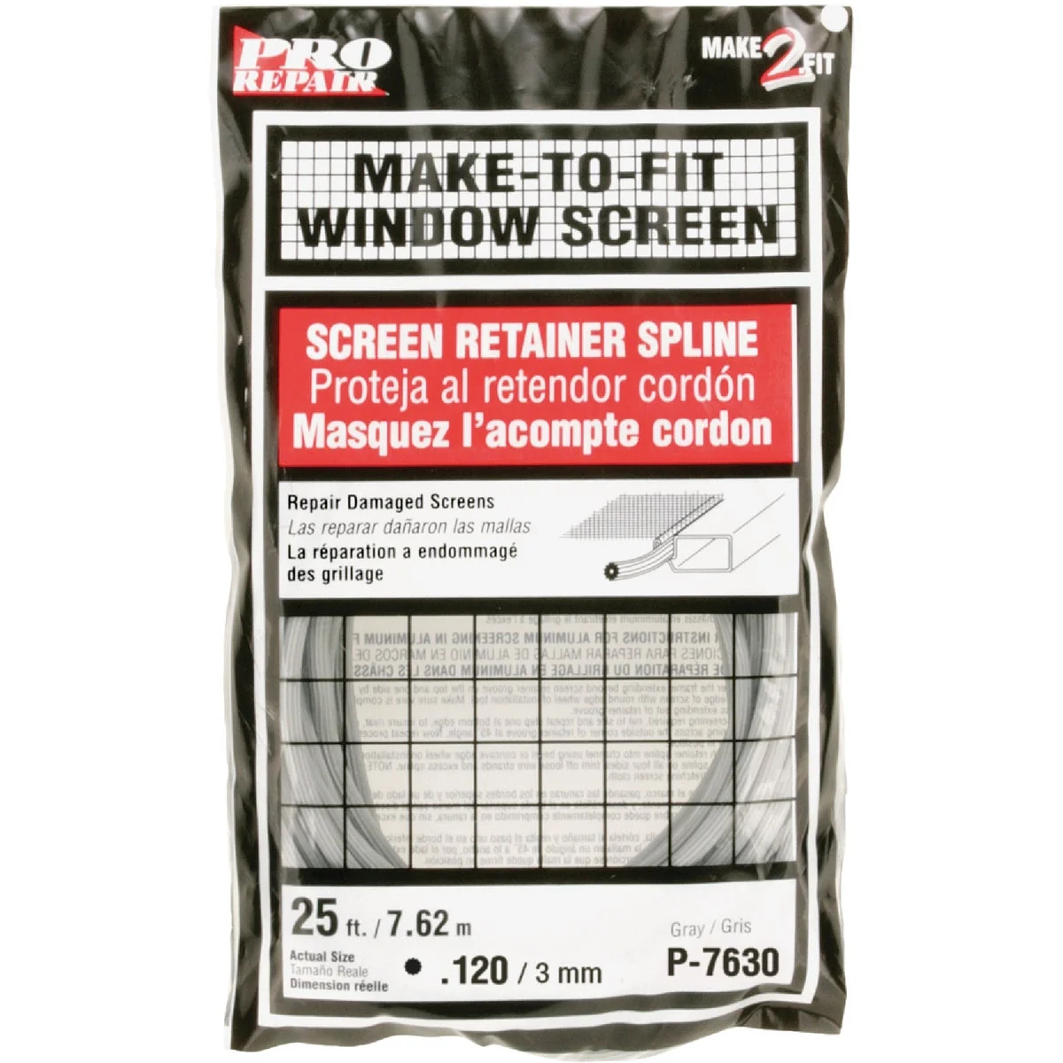 Original Prime-Line 0.120 In. Dia. x 25 Ft. L. Gray Vinyl Screen Retainer Spline High-Grade