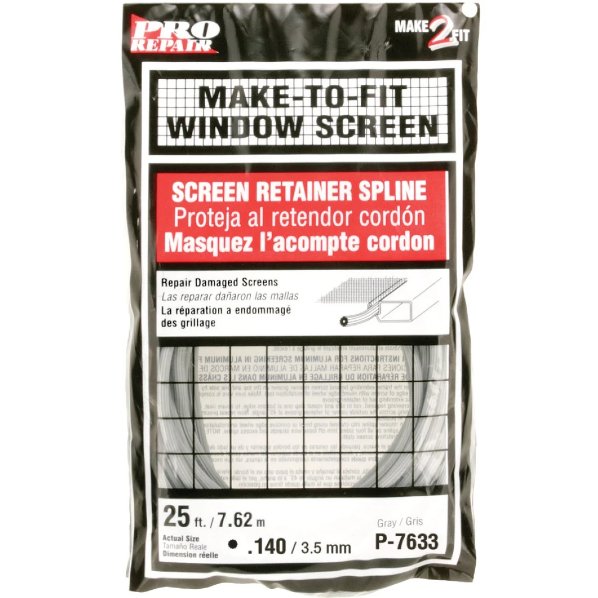 Smooth Prime-Line 0.140 In. Dia. x 25 Ft. L. Gray Vinyl Screen Retainer Spline Excellent