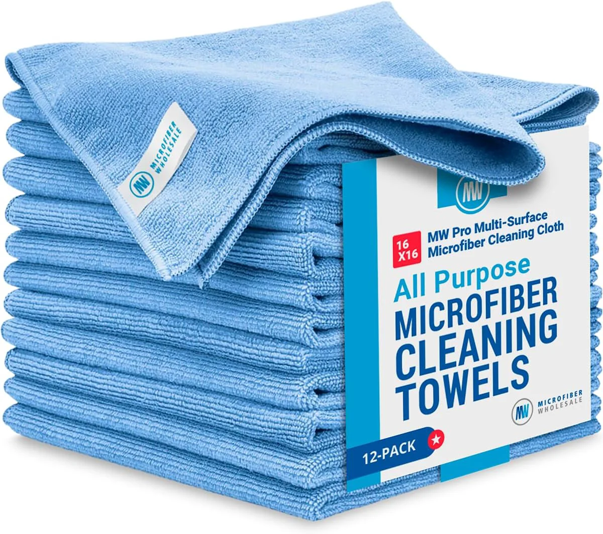 MW Pro Multi-Surface Microfiber Towel – 12 Pack Premium Cleaning Cloth Clean Buff Dust Polish Absorb Large 16 x16 Blue Relaxed