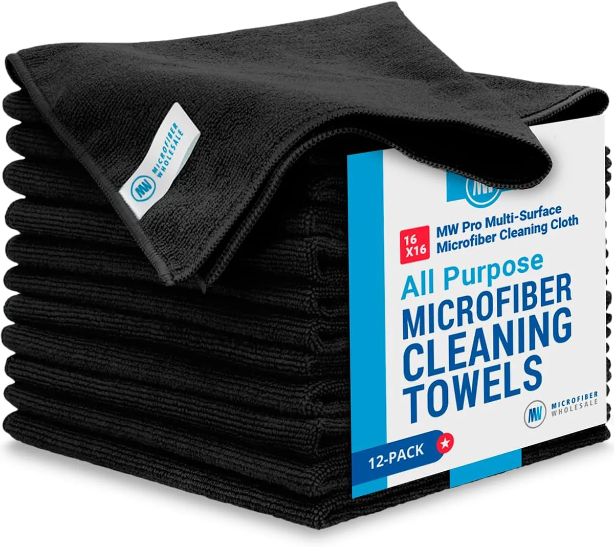 Exclusive Microfiber Whole MW Pro Multi-Surface Microfiber Towel – 12 Pack Premium Cleaning Cloth Clean Dust Polish Absorb Large 16 x16 Black Detailed