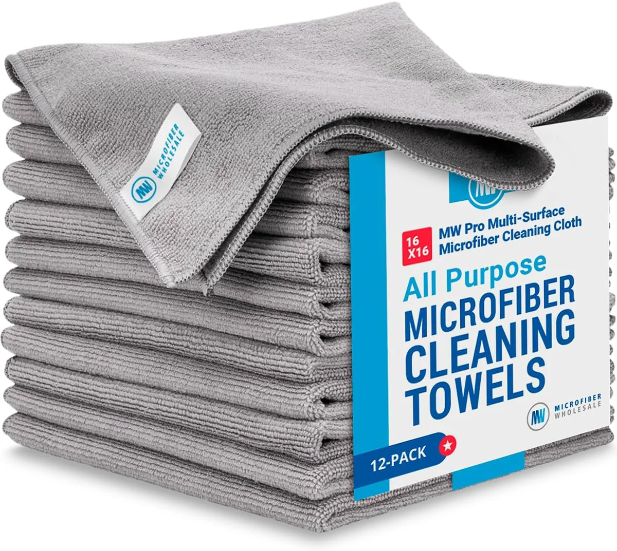Trendy MW Pro Microfiber Cleaning Cloths 12 Pack Size 16 x 16 All Purpose Microfiber Towels – Clean Dust Polish Scrub Absorbent Gray Smooth
