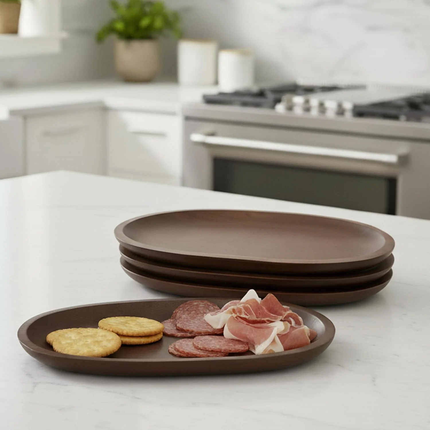 Traditional Woodard amp Charles Wood Oval Serving Trays 6 x 10 Walnut Stain Set of 4 Individual Handheld Serving Tray for Charcuterie Cheese Tapas Sushi Crudites Appetizers and Small Bites High-Quality