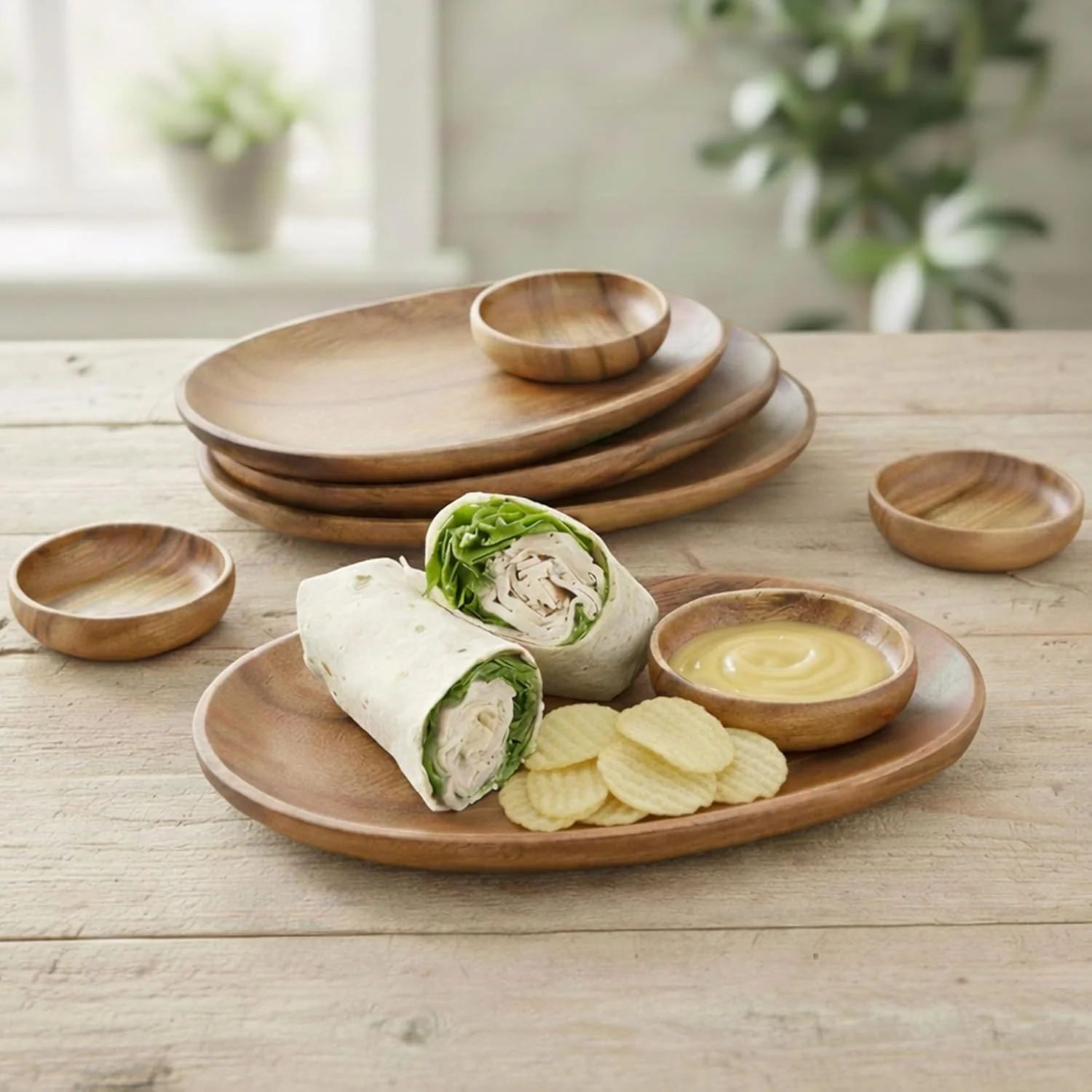 Original Design Woodard amp Charles Acacia Wood 12 Oval Tray with Dip Bowls 8 Piece Set 4 Acacia Wood Serving Trays and Bowls Serve Appetizers Sandwiches and Hors d’Oeuvres. I for Parties and Entertaining High-Grade