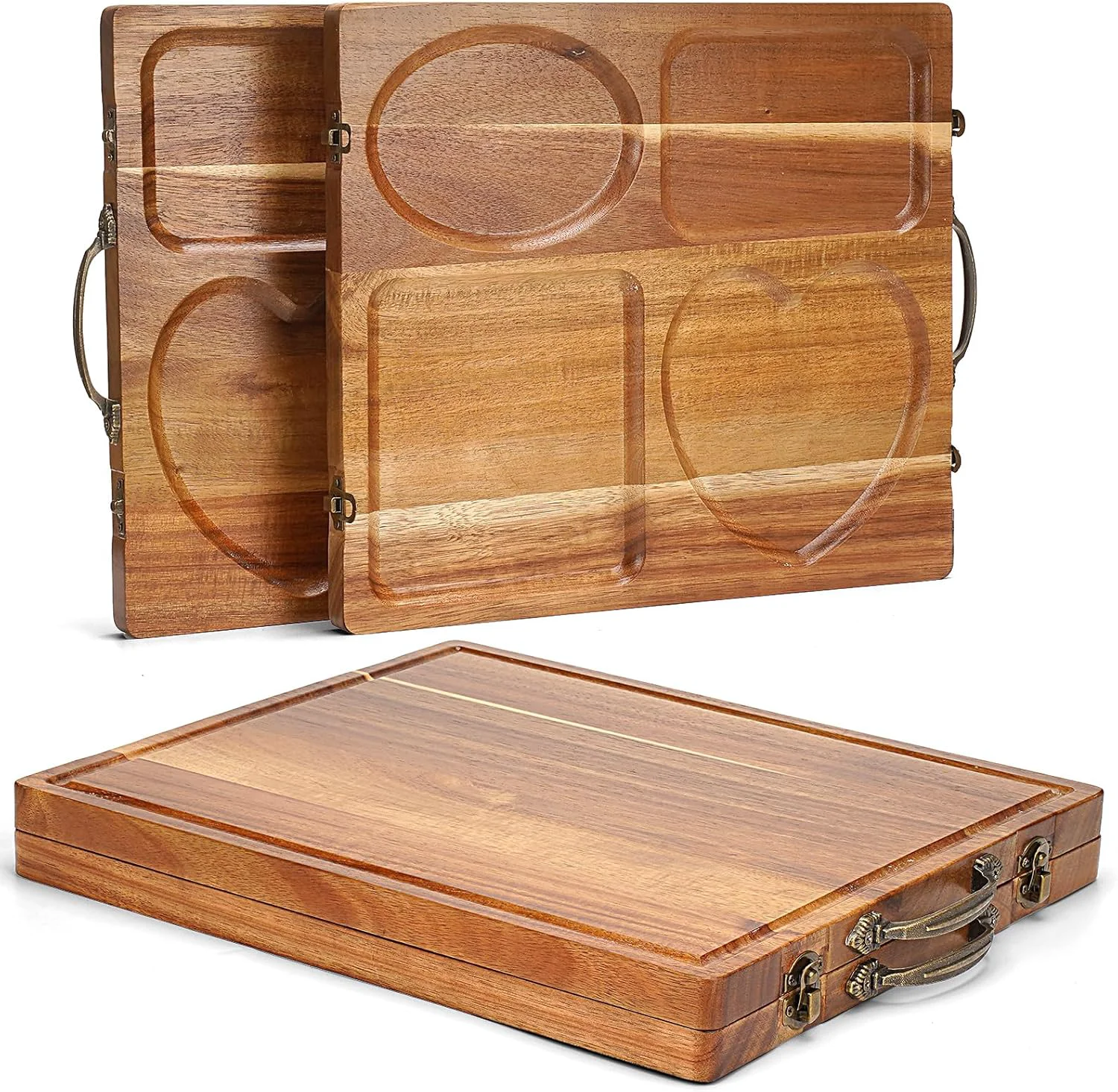 Versatile Double Side Acacia Wood Serving Tray Serving Platters and Trays Charcuterie Boards Wooden Tray with Vintage Metal Handles Convenient