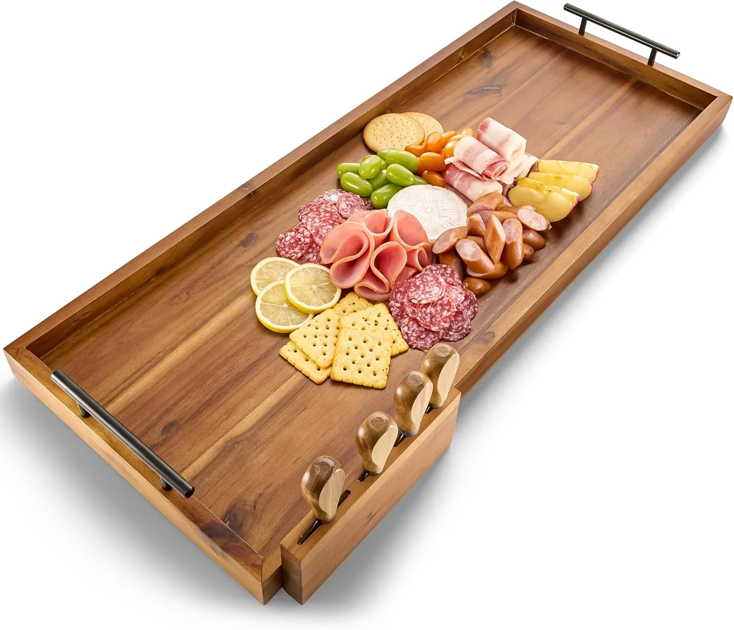 Exceptional Acacia 30 Inch Large Charcuterie Boards for Party with Cheese Knife Set of 4 – Acacia Wood Serving Tray with Handles Long Charcuterie Board Advanced