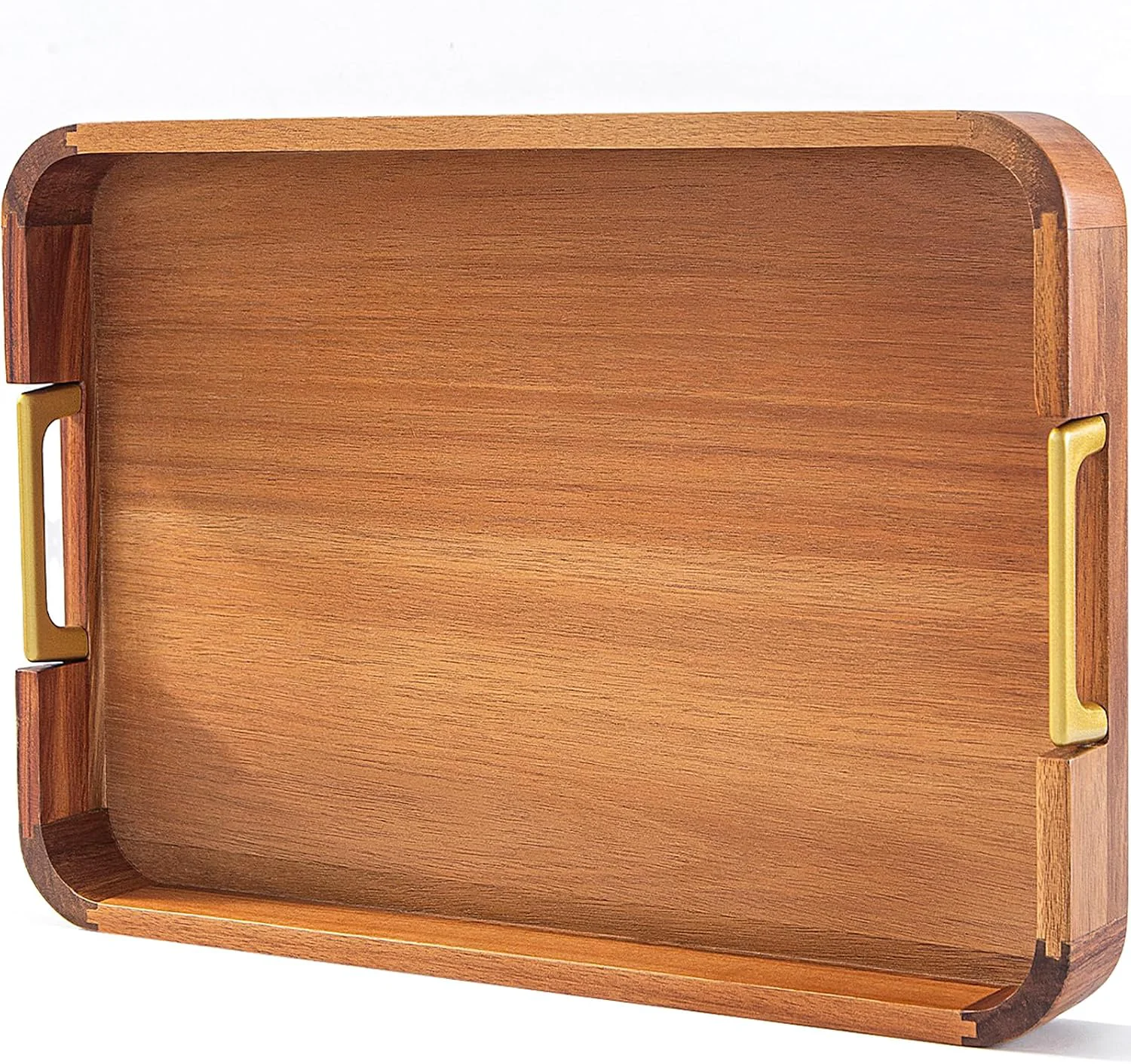 Comfortable Acacia Wood Serving Tray with Metal Handles 17x12in Food Drinks Tray for Coffee Table Breakfast Dinner amp Bar Rustic Decorative Storage Tray for Ottoman Kitchen Parties Easy-to-Use