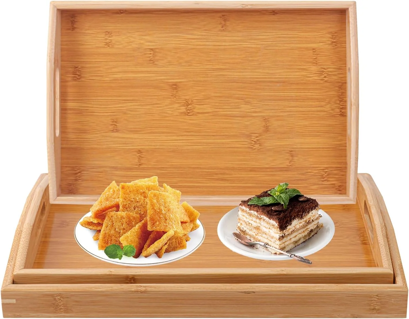 Original Design 3 PCS Bamboo Serving Tray 3 Size Nested Breakfast Bed Tray with Handle Wood Serving Tray for Serving Breakfast Bed Trays for Eating Decor Reliable