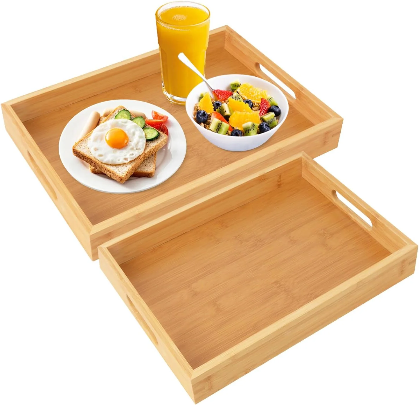 Authentic 2 Pack Large Bamboo Serving Tray with Handles 16 x 11.6 Inch and 14 x 10 inch Wooden Dinner Tray Practical