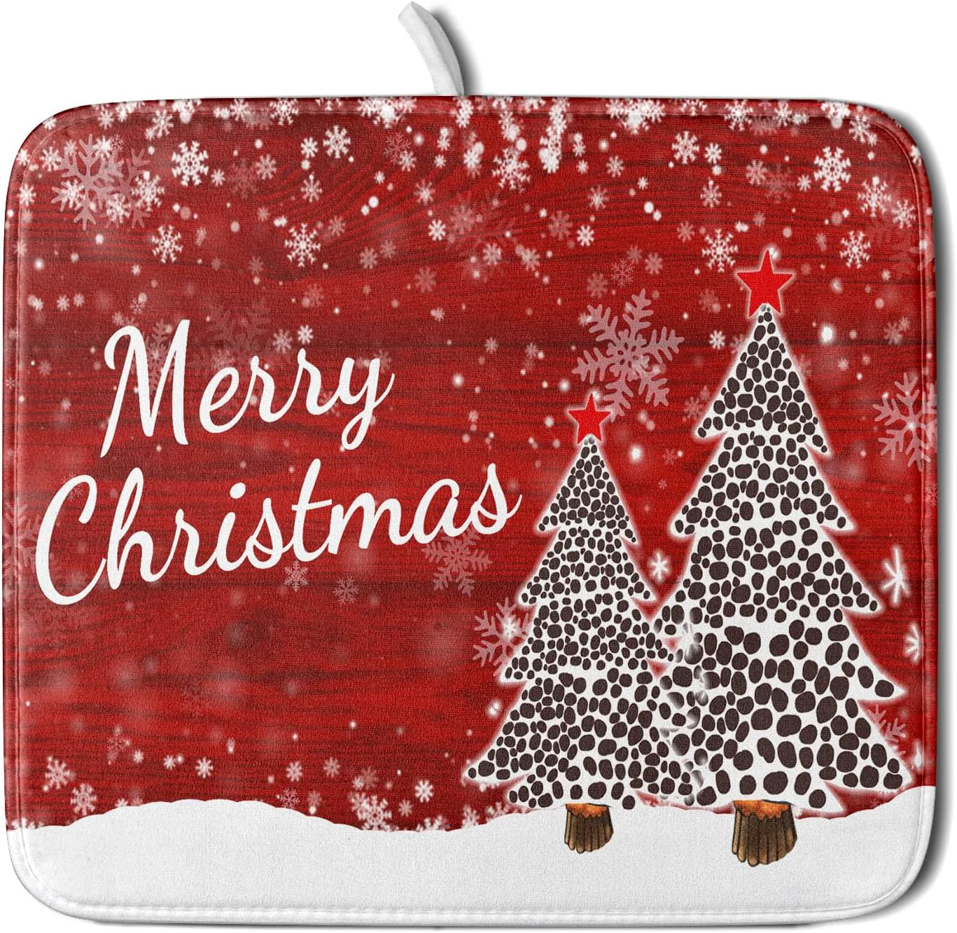 Pure Merry Christmas Tree Red Dish Drying Mat for Kitchen Counter Winter Snowflake Pine Drying Mat 16 x 18 Inch with Absorbent Reversible Microfiber Dish Clean
