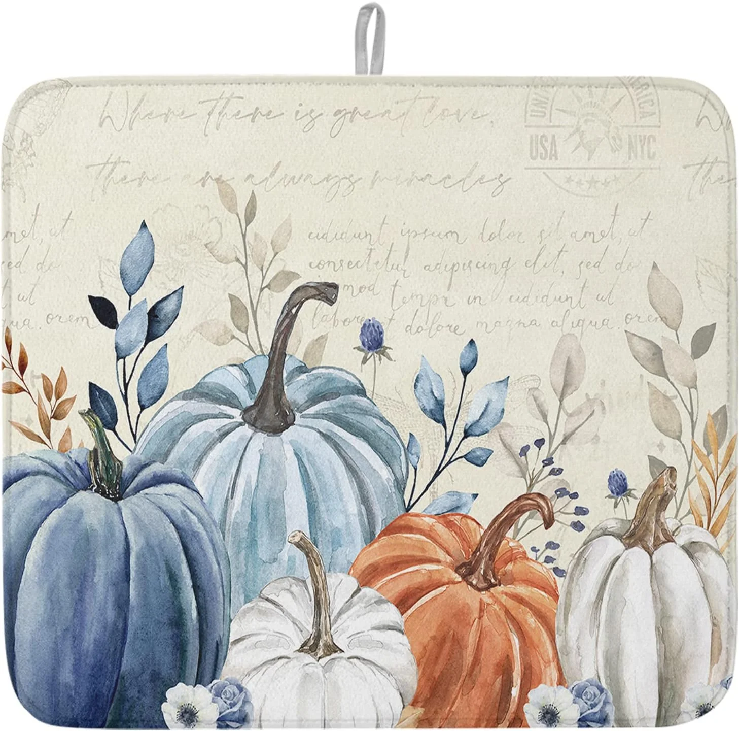 Efficient Fall Dish Drying Mat for Kitchen Counter Blue Pumpkin Drying Pad Absorbent Drying Mats for Countertops Sinks Draining Racks Floral Leaves Drainer Dependable