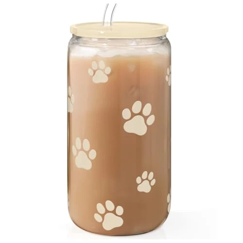Effective Paw Print 16oz Can Glass Tumbler with Acrylic Lid Straw Advanced