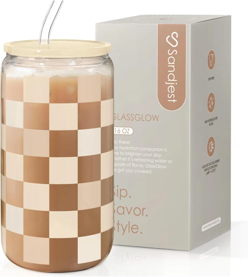 Advanced SANDJEST Checkerboard Glass Can Beige Checker Cup with Lid Straw Iced Coffee Aesthetic Cups Gift for Christmas Birthday Mother Day Gifts for Women 16oz Selected