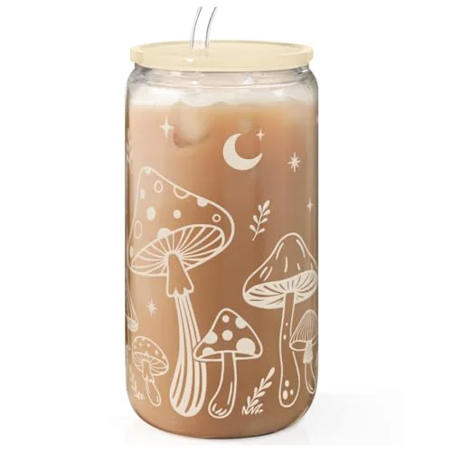Convenient Mushroom 16oz Can Glass Tumbler with Acrylic Lid Straw Advanced