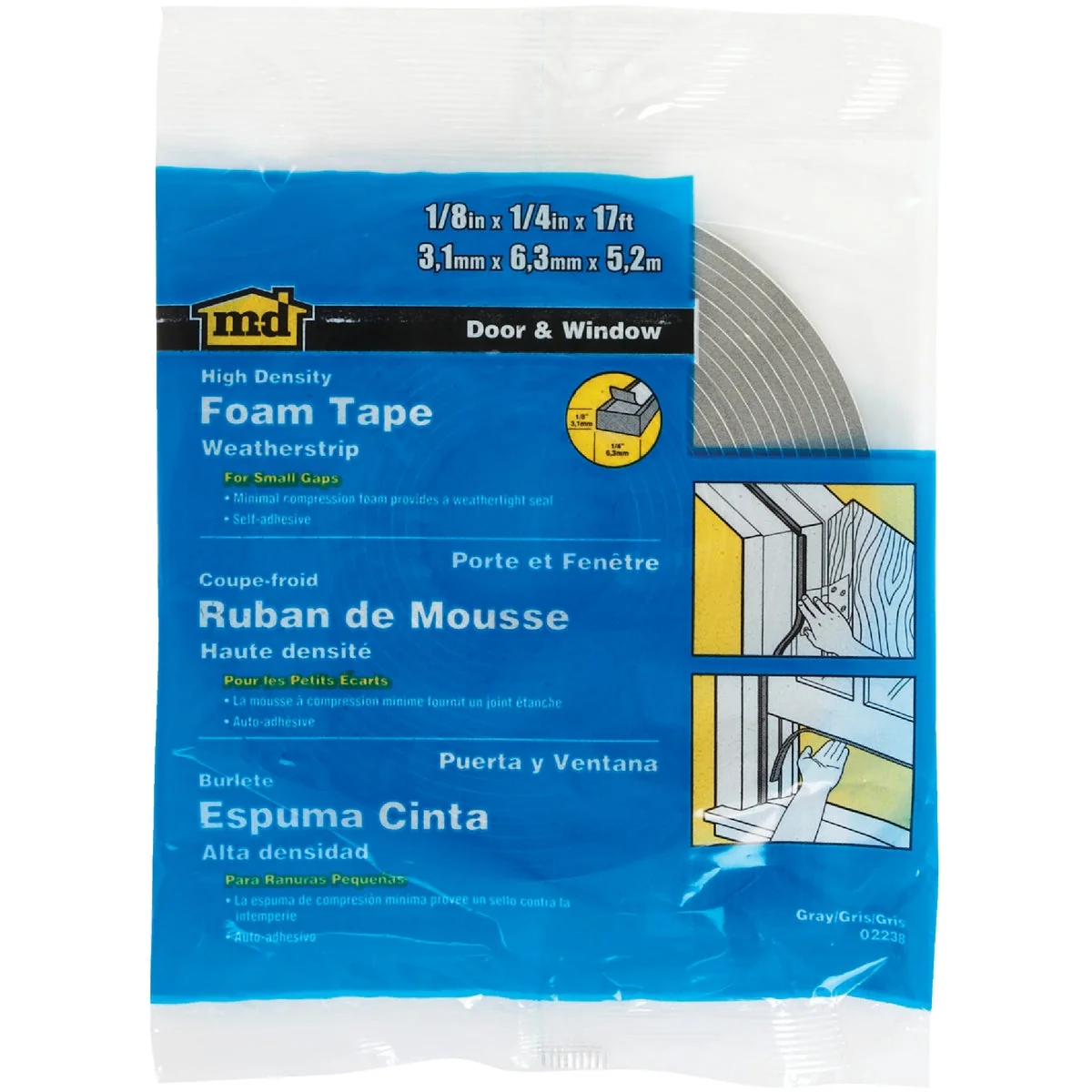 Eco-Friendly M-D 1 4 W x 1 8 T x 17′ L Gray Foam Weatherstrip Tape Excellent