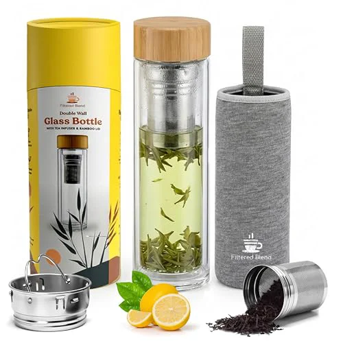 Healthy 15oz Double Wall Glass Water Bottle with Bamboo Lid and Tea Infuser Outstanding