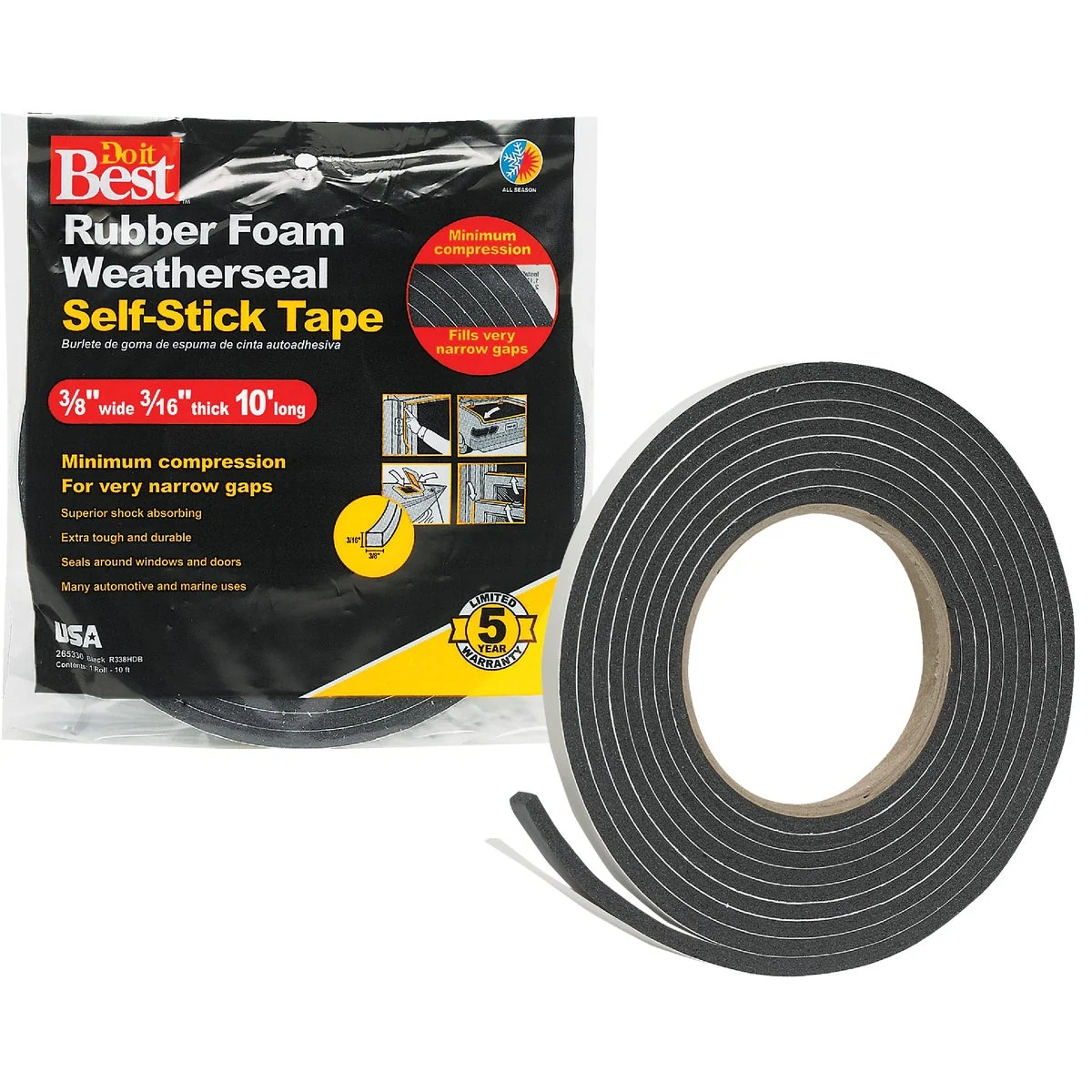 Genuine Do it 3 8 W x 3 16 T x 10′ L Black Foam Weatherstrip Tape Classic