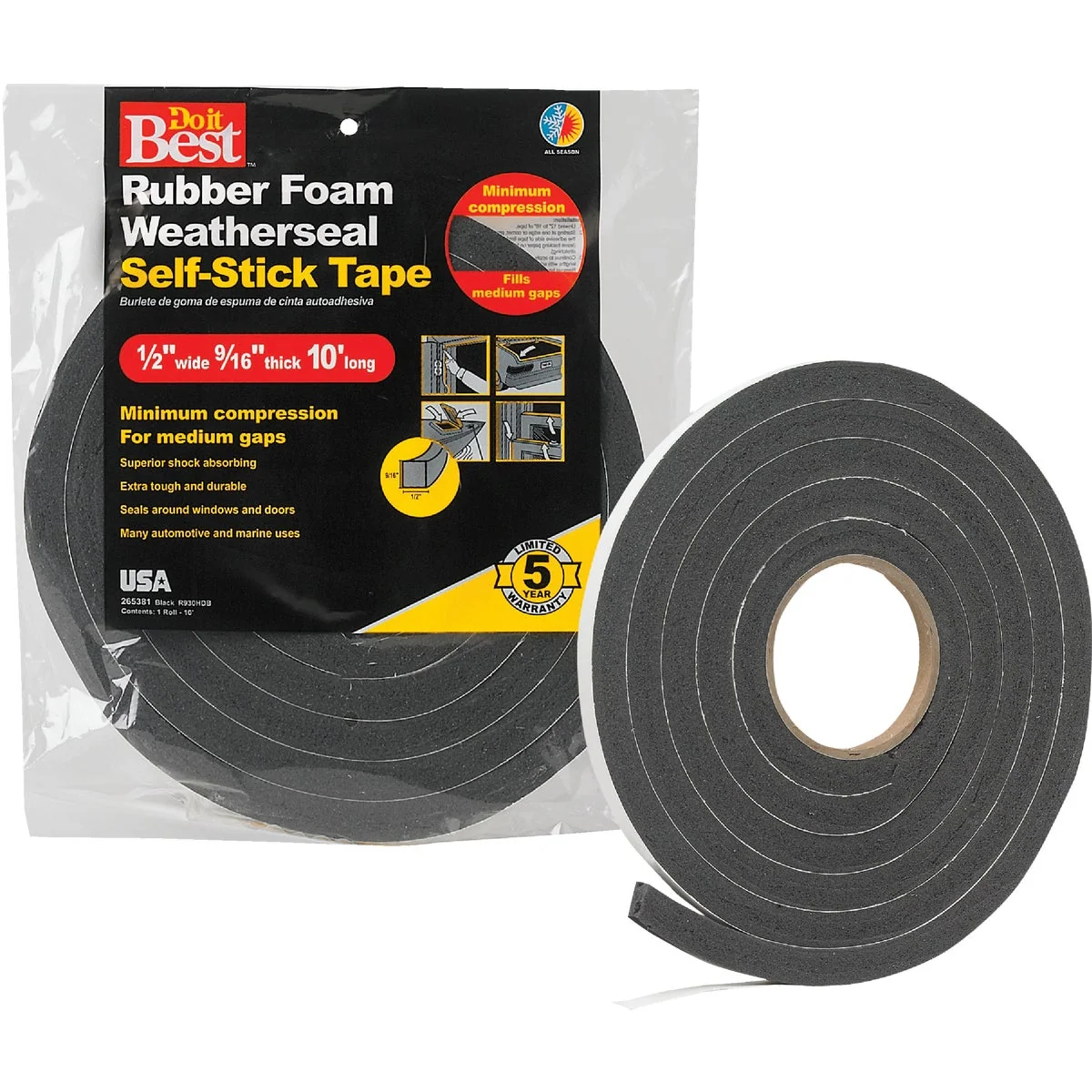Versatile Do it 1 2 W x 9 16 T x 10′ L Black Foam Weatherstrip Tape Exclusive