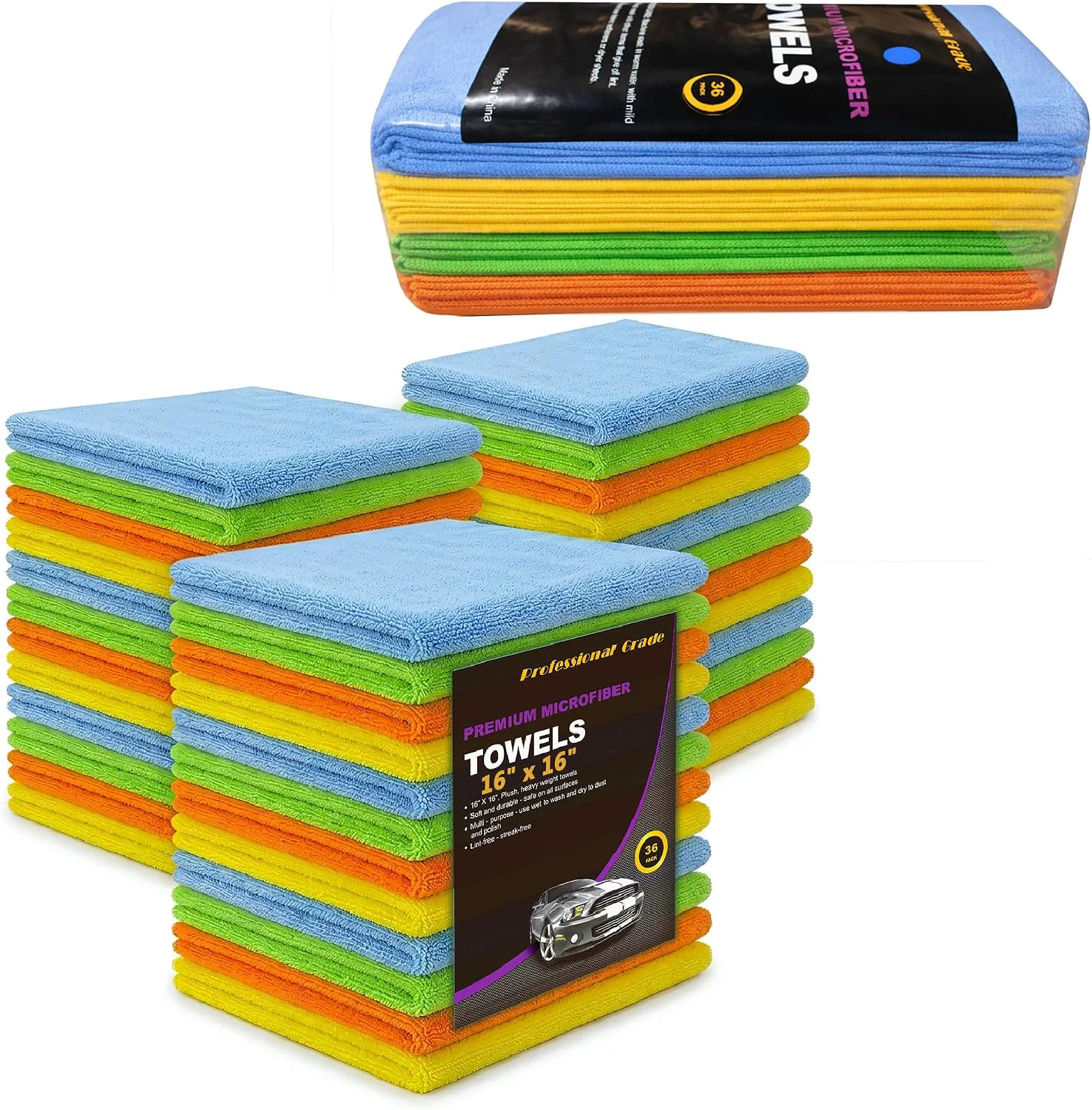 Sophisticated Assorted Color Microfiber Towels – 36-Pack Dual-Sided Ultra Soft Plush Washcloth Professional Grade Premium Microfiber Detailing Cleaning Cloths Car Household and Commercial Mix Color 16 x 16 High-Grade