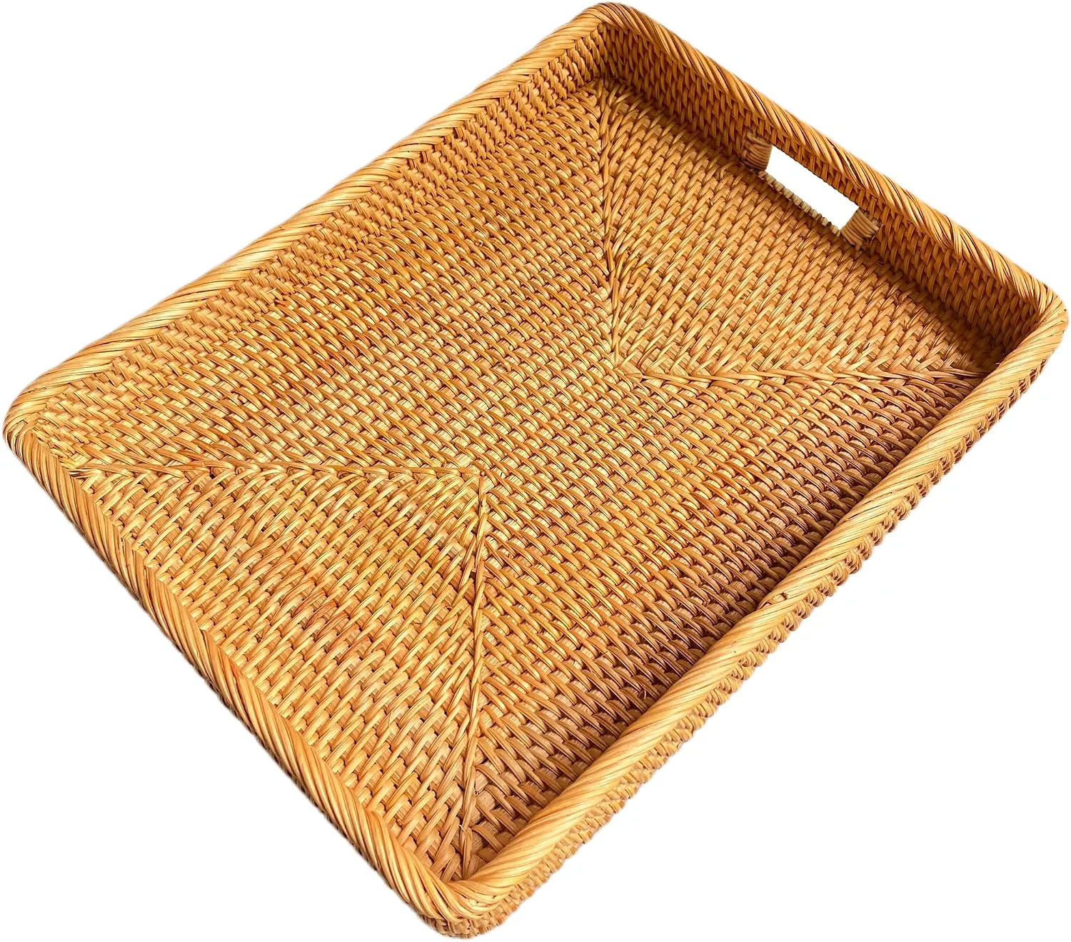 Elegant i-lan 17-Inch Large Rectangular Rattan Serving Tray with Handles Handwoven natural wicker tray for breakfast drinks fruit coffee tables and ottomans. Size 17 x 13 x 2.4 inches. Lightweight