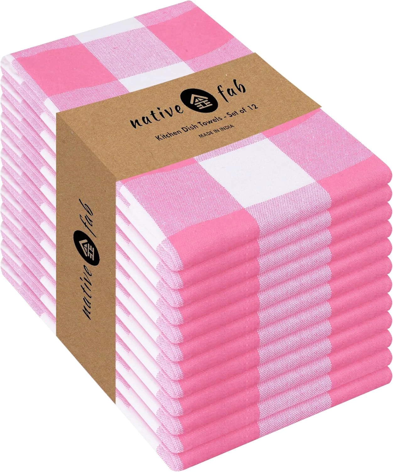Sophisticated Native Fab Pink Checked Kitchen Towel 16 x26 – 12 Pack Buffalo Plaid Cotton Dish Towels – Absorbent Dishcloth Set Breathable