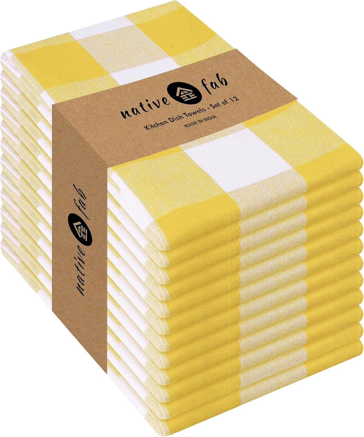 Refined Native Fab Yellow Buffalo Dish Towel 16 x26 Set of 12 - Cotton Plaid Towels Soft Absorbent Dishcloths with Hanging Loop Exclusive