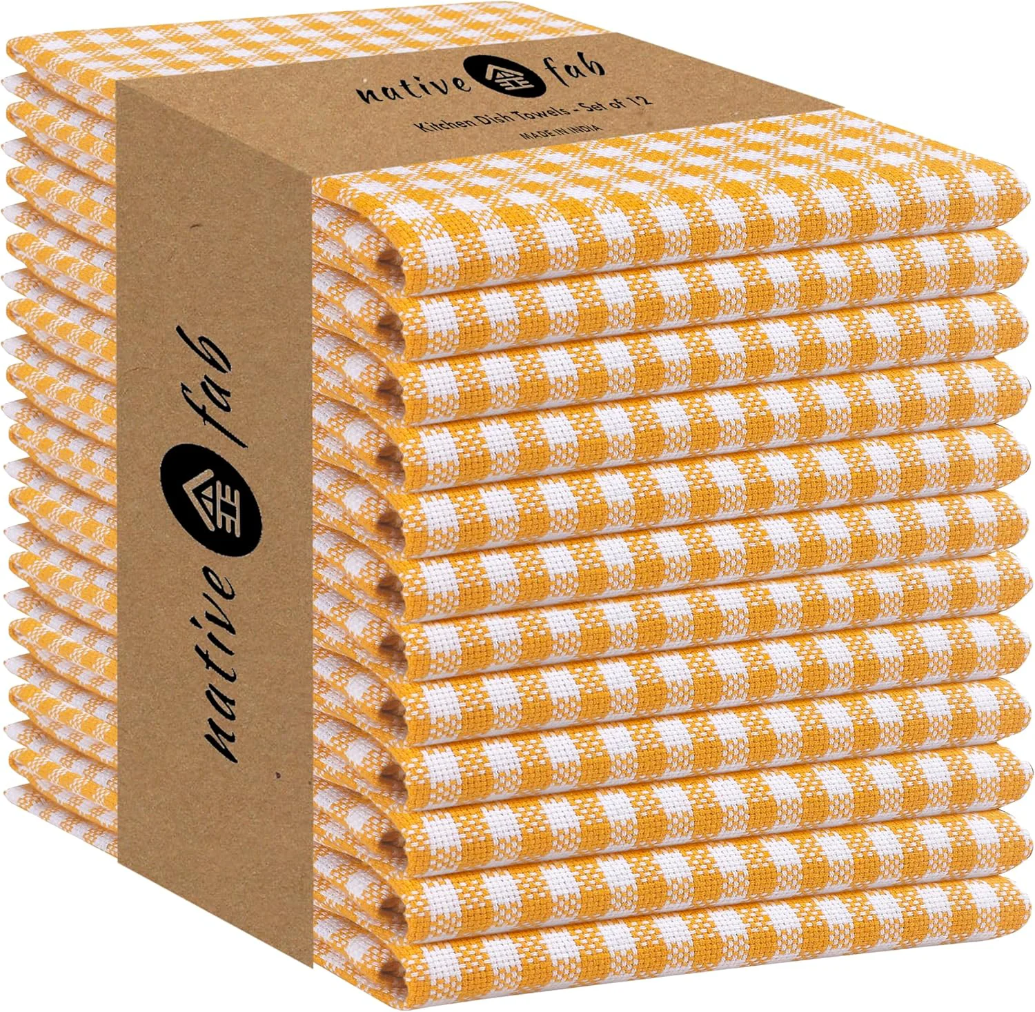 Top-Quality Native Fab 12 Pack Mini Check Yellow Kitchen Towels 16 x26 – Gingham Plaid Cotton Dish Towels – Absorbent Dishcloth Set Fashionable