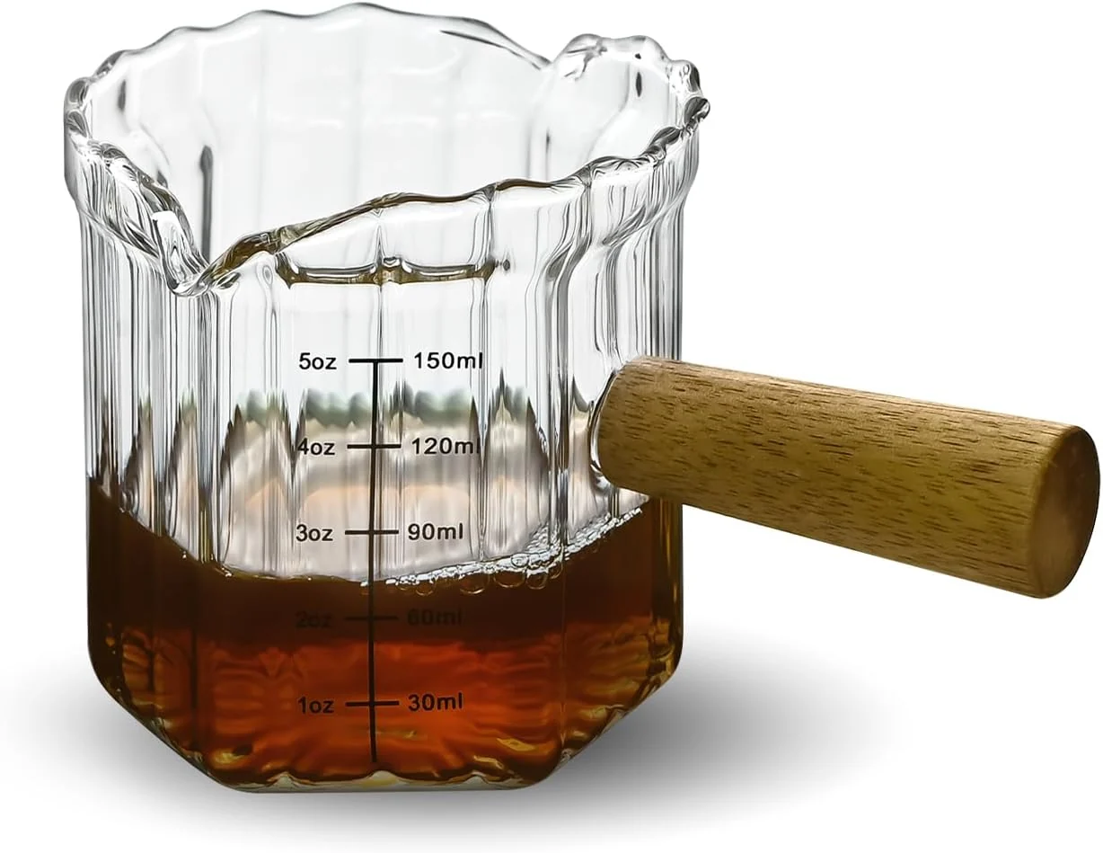 Luxury Glass Measuring Cup 5oz Espresso Shot Glass with Wood Handle Double Spouts Measuring Triple Pitcher Milk Cup for Coffee Tea Transparent Ribbed Elegant