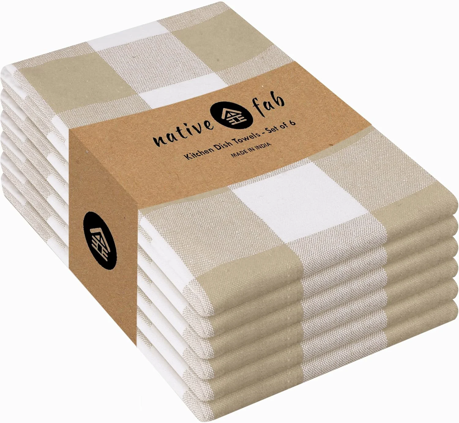 Versatile Native Fab 6 Pack Buffalo Check Kitchen Towels16 x26 – Cotton Dish Towels Washable – Absorbent Tea Towels Soft Hand Towel with Hanging Loop Dish Cloth Set – Beige White Exclusive