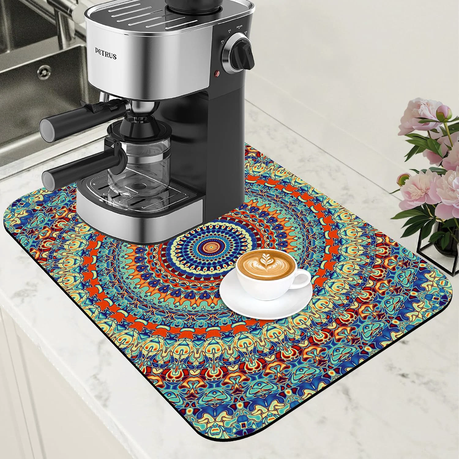 Artisan Boho Mandala Ethnic Coffee Mat Absorbent Dish Drying Mat for Kitchen Counter Hide Stain Rubber Backed Coffee Bar Accessories Fit Under Espresso Machine Dish Drainer 11.8 x 19.7 Inch Fine