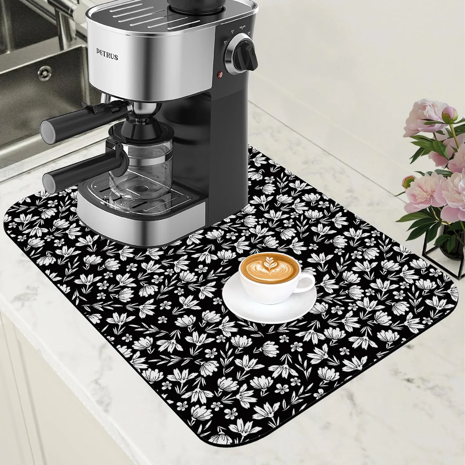 Artisan Black and White Flowers Dish Drying Mat for Kitchen Counter Coffee Bar Mat Hide Stain Absorbent Rubber Backed Drying Rack Pad Espresso Machine Coffee Bar Accessories 11.8 x 19.7 Inch Refined