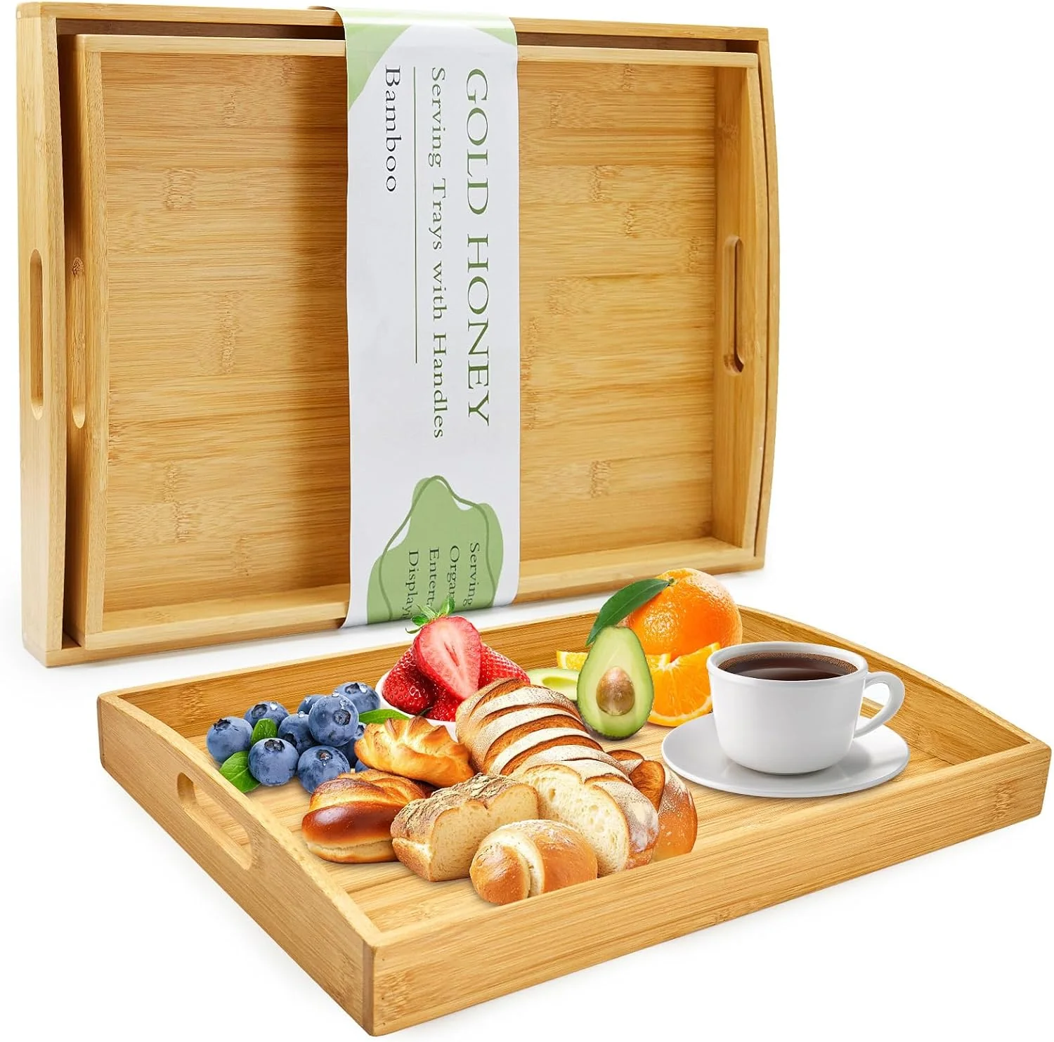 Contemporary GOLD HONEY Bamboo Serving Tray with Handles Wooden Serving Tray Set of 2 Decorative Serving Trays with Handles for Living Room Bathroom Bedroom Kitchen Outdoor and Storing – 17x13in 16x12in High-Performance