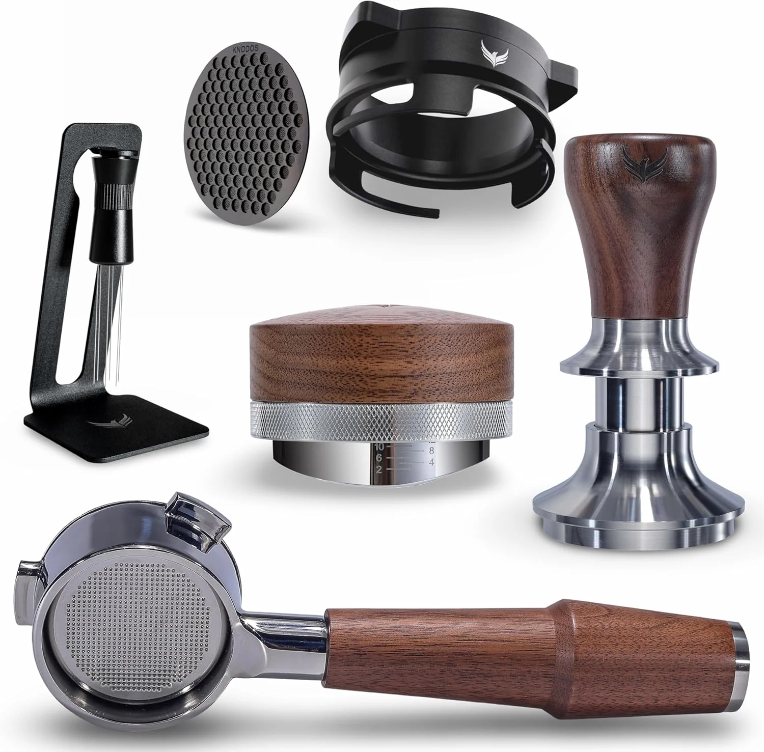 Casual Espresso Tools Kit for Breville 54mm Machines – Walnut Handle Naked Portafilter Spring Tamper Coffee Leveler Dosing Ring Practical