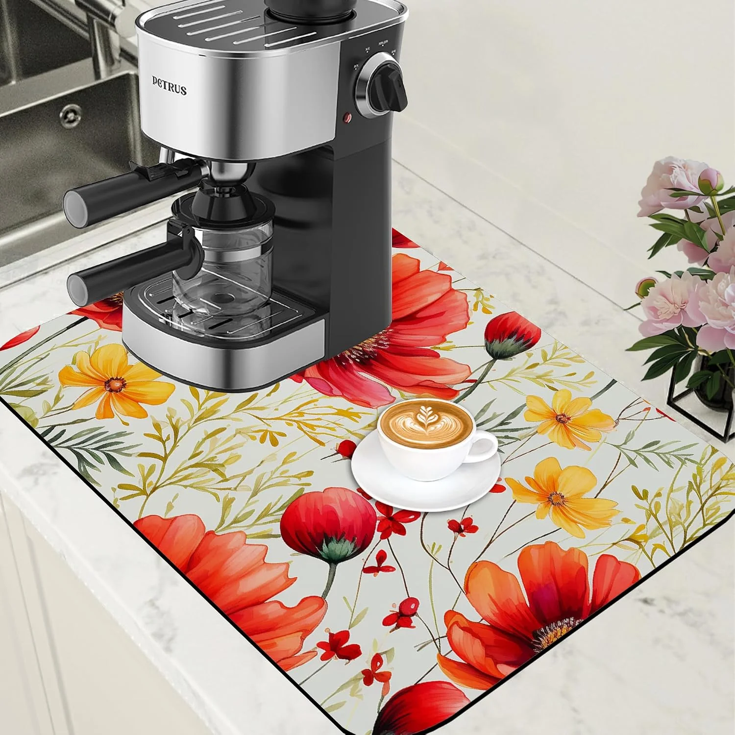 Artisan Red and Yellow Flowers Coffee Mat Absorbent Dish Drying Mat for Kitchen Counter Hide Stain Rubber Backed Coffee Bar Accessories Fit Under Espresso Machine Dish Drainer 15.7 x 23.6 Inch Organic