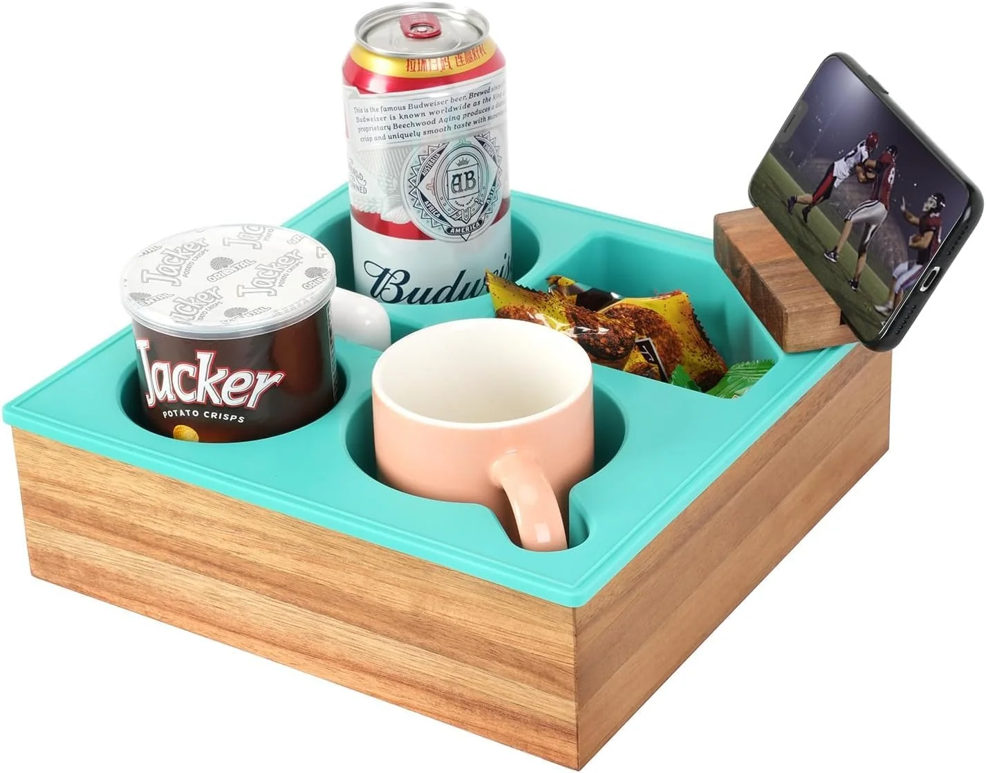 Pure Couch Cup Holder Tray Handy Soft Silicone Acacia Wooden Couch Caddy for Bed Car Seat Beach Organizer Reusable