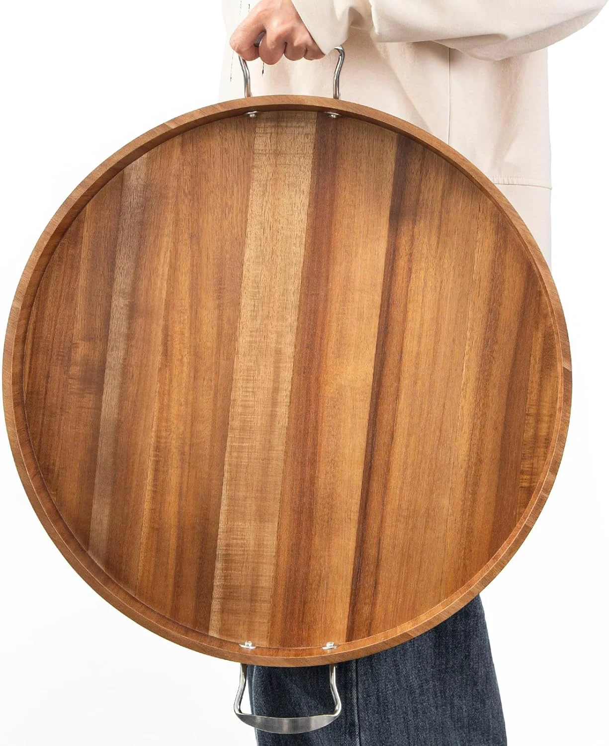 Trendy Ottoman Tray with Handles 20 Inch Round Ottoman Tray Large Trays for Ottomans Wooden Serving Tray Decorative Trays for Living Room Party Breakfast High-Grade
