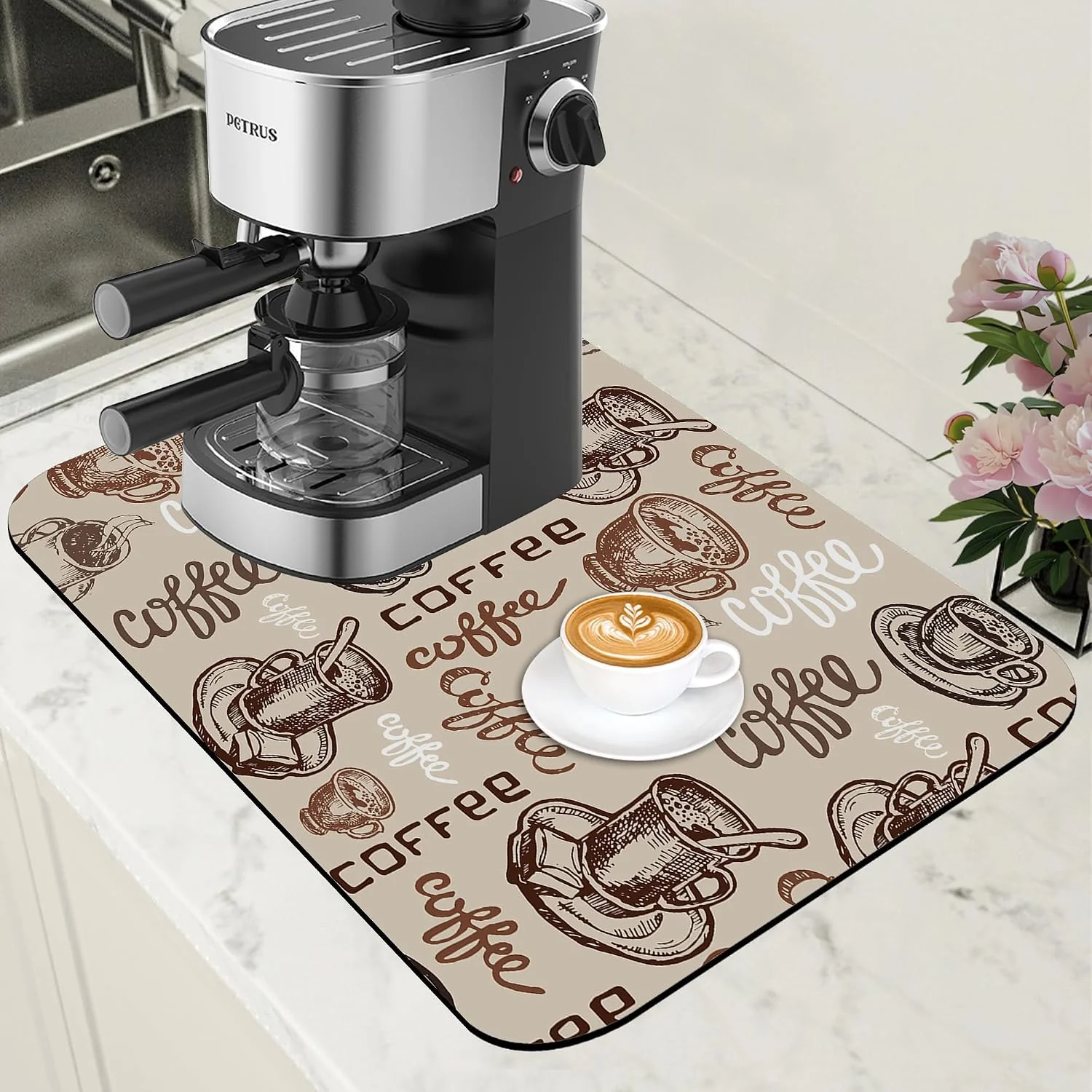 Recyclable Coffee Cup Dish Drying Mat Cute Doodle Coffee Bar Mat for Countertop Absorbent Rubber Backed Hide Stain Dish Drainer Rack Pad Espresso Machine Dining Room Decoration 11.8 x 19.7 Inch Soft