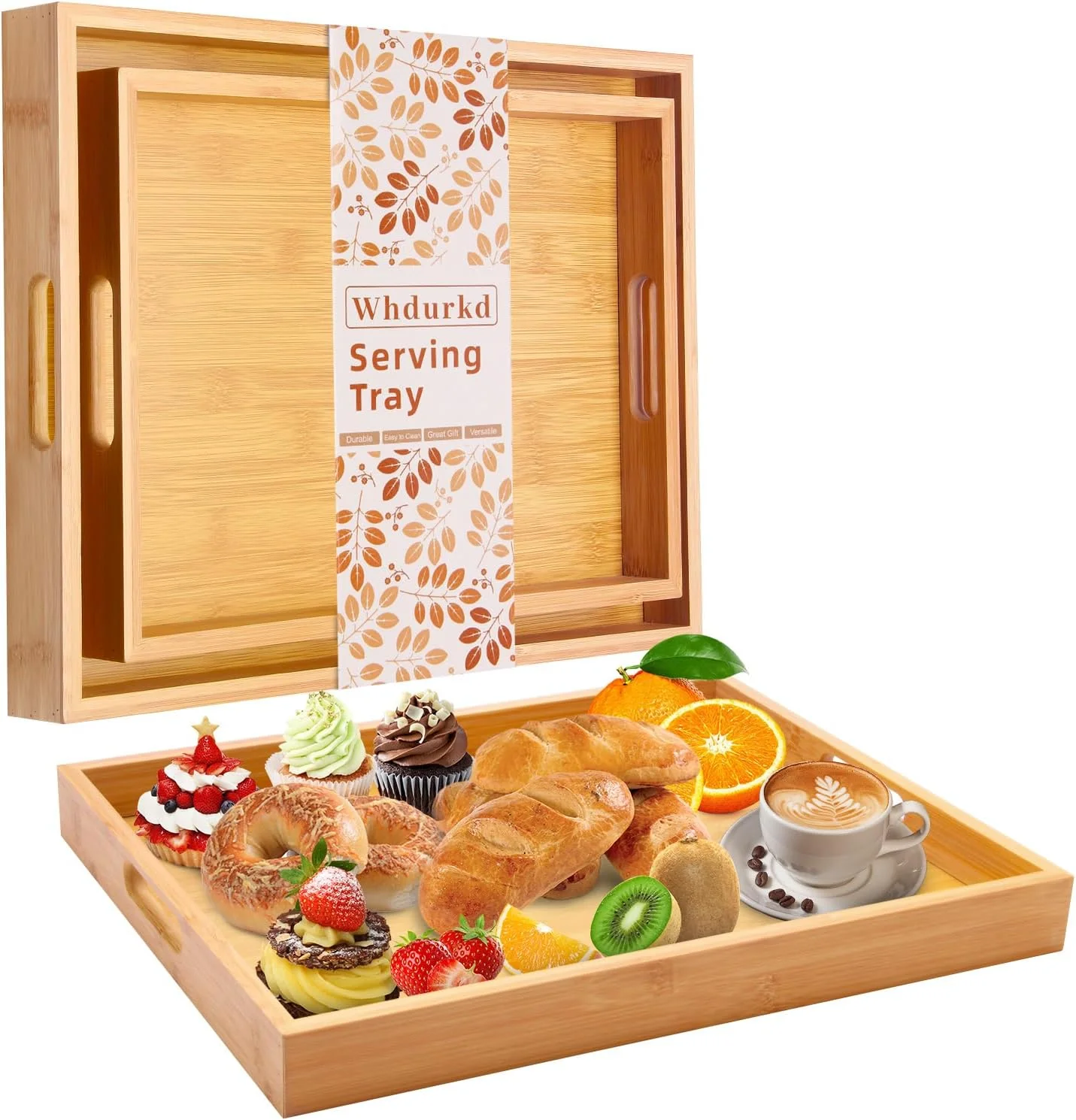 Efficient Wooden Serving Tray with Handles Bamboo Decorative Large Coffee Table Food Trays for Breakfast Dinner Restaurants Party or Home Decor Outdoor First-Class