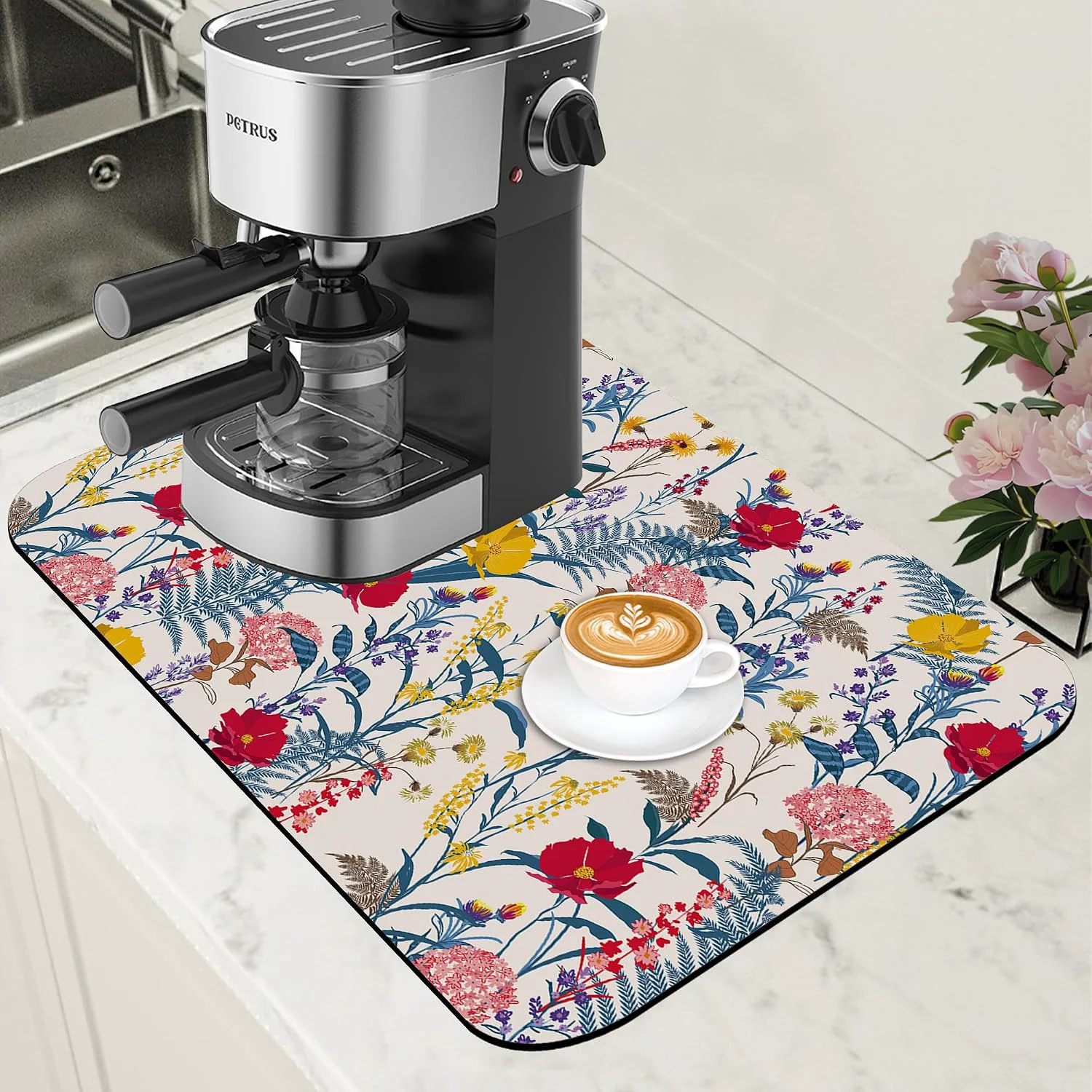 Luxury Botanical Dish Drying Mat Spring Flowers Coffee Bar Mat for Countertop Absorbent Rubber Backed Hide Stain Dish Drainer Rack Pad Espresso Machine Cafe Table Dining Room Decor 11.8 x 19.7 Inch Excellent