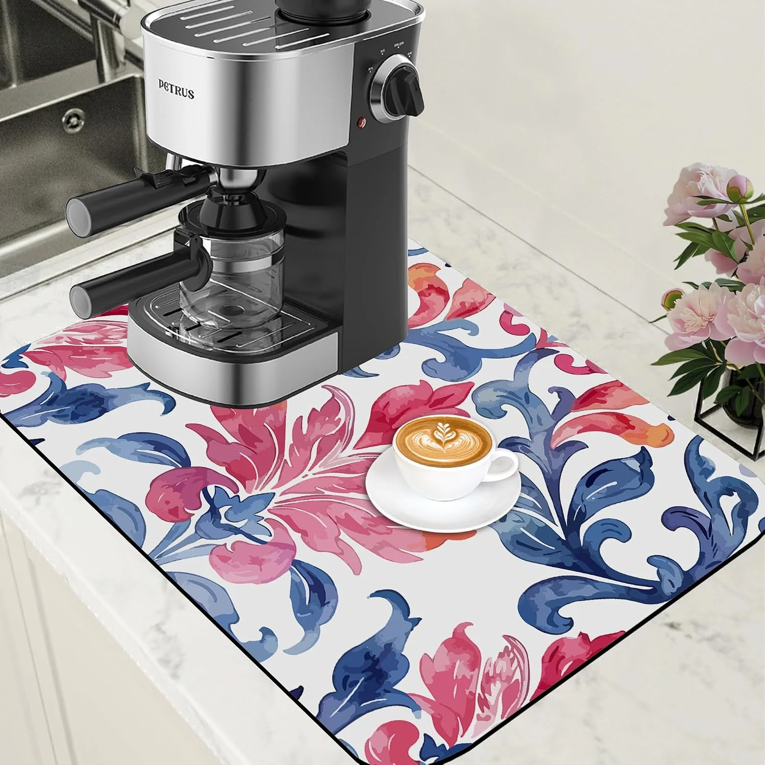 Easy-to-Use Blue and Pink Damask Coffee Mat Absorbent Dish Drying Mat for Kitchen Counter Hide Stain Coffee Bar Accessories with Rubber Backed Fit Under Espresso Machine Cafe Table 15.7 x 23.6 Inch World-Class
