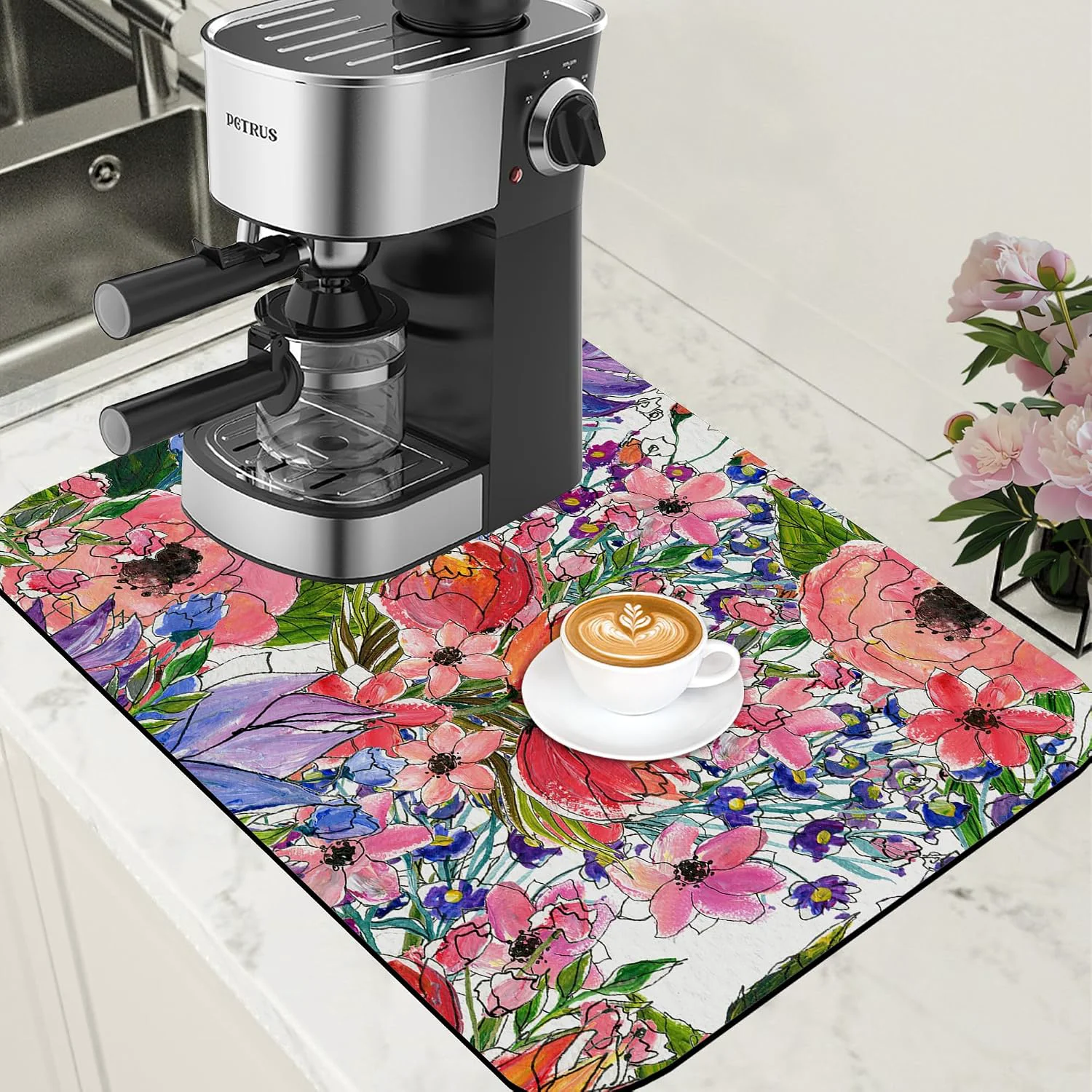 Casual Dish Drying Mat Watercolor Colorful Floral Coffee Bar Mat for Countertop Absorbent Rubber Backed Hide Stain Dish Drainer Rack Pad Coffee Maker Espresso Machine Dining Room Decor 15.7 x 23.6 Inch Effective