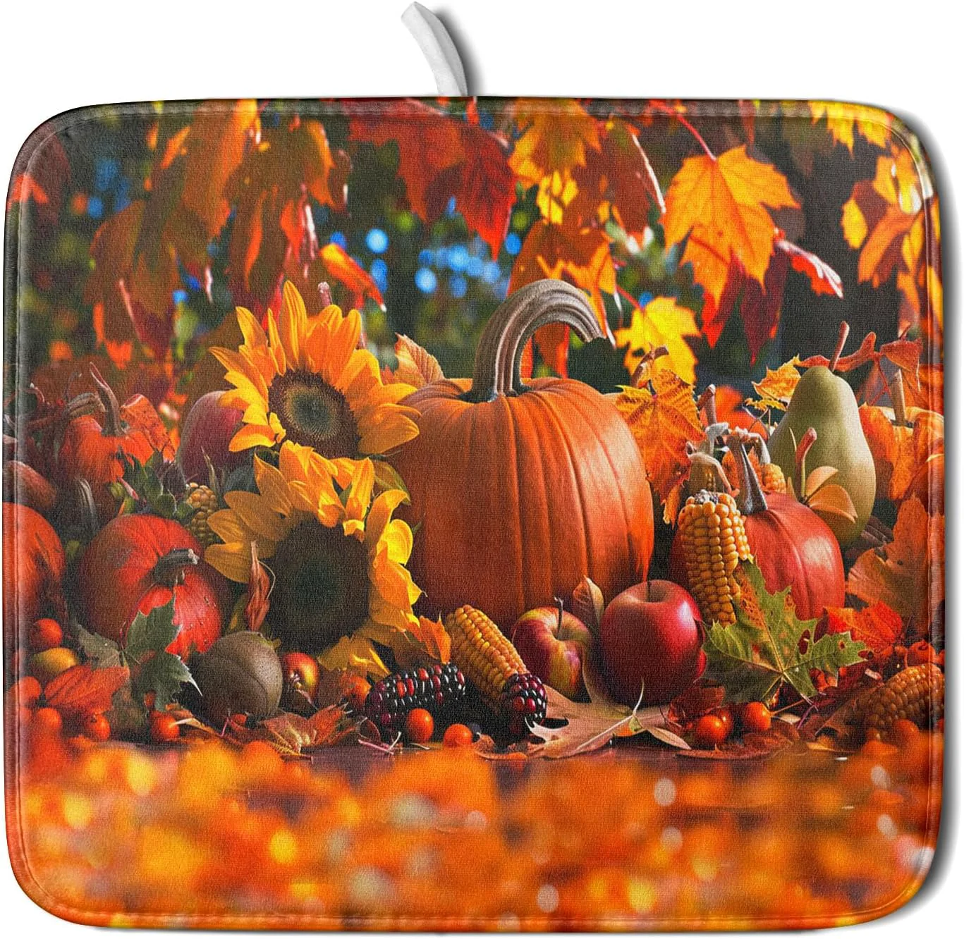 Clean Fall Harvest Pumpkin Dish Drying Mat for Kitchen Counter Thanksgiving Maple Leaves Sunflower Drying Mat 16 x 18 Inch with Absorbent Reversible Green