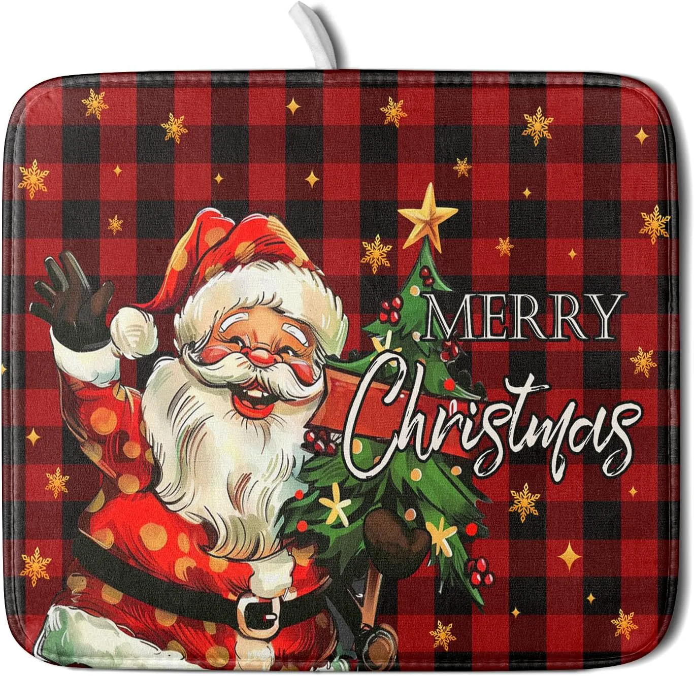 Healthy Merry Christmas Santa Claus Red Buffalo Plaid Dish Drying Mat for Kitchen Counter Winter Snowflake Xmas Tree Drying Mat 16 x 18 Inch with Absorbent Reversible Microfiber Dish Drying Pad for Coffee Bar Artisan