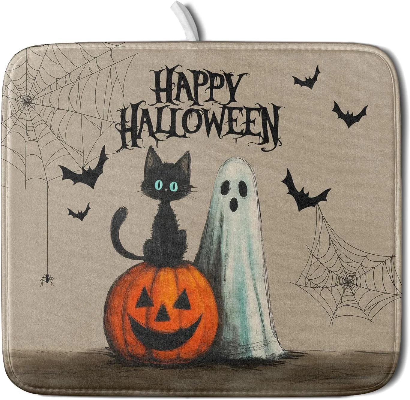 High-Grade Happy Halloween Black Cat Ghost Dish Drying Mat for Kitchen Counter Halloween Pumpkin Spiderweb Bat Drying Mat 16 x 18 Inch with High Absorbent Functional