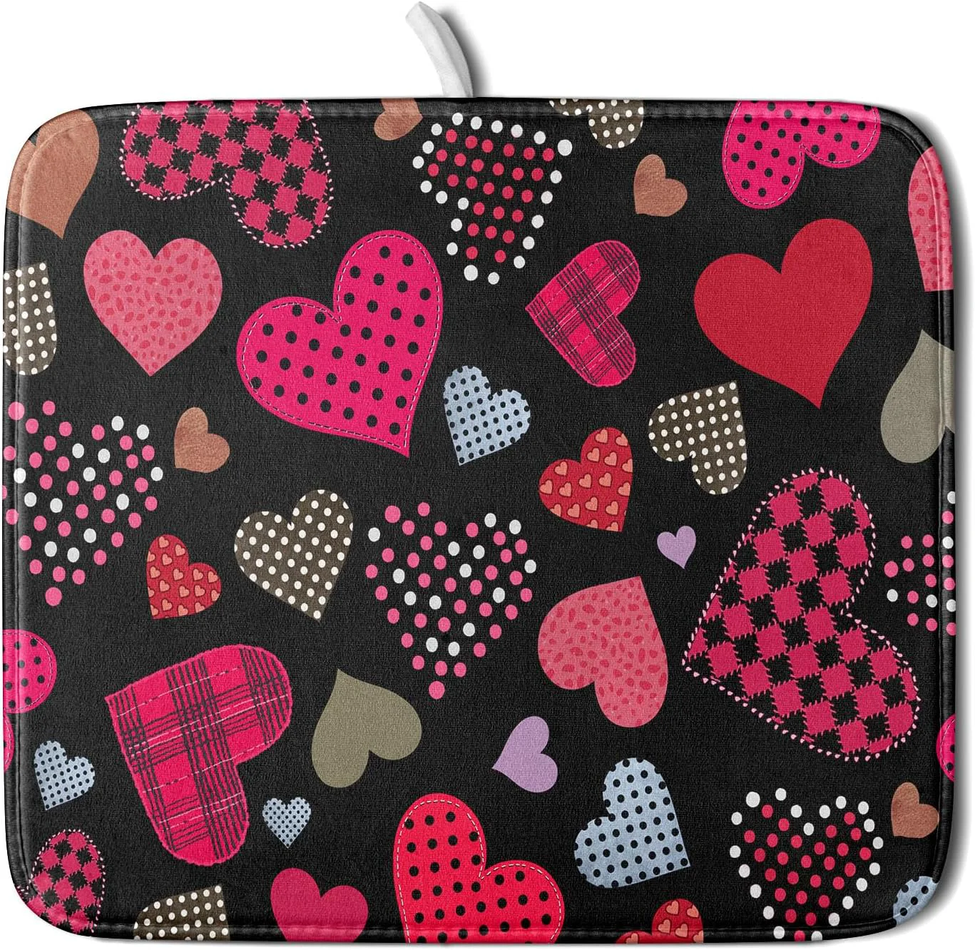 Contemporary Happy Valentine’s Day Black Dish Drying Mat for Kitchen Counter Pink Love Heart Drying Mat 16 x 18 Inch with High Absorbent Microfiber Drainer Mat Clean
