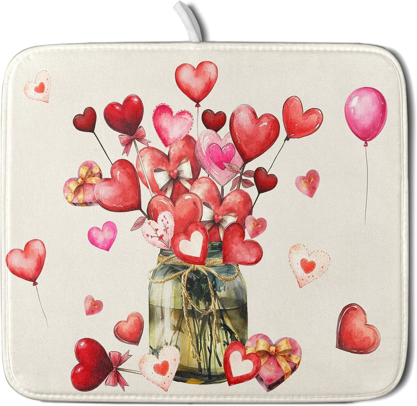 Durable Valentine’s Day Dish Drying Mat for Kitchen Counter Red Love Canes Hearts Decorative Mason Jar Drying Mat 16 x 18 Inch with High Absorbent Microfiber Soft