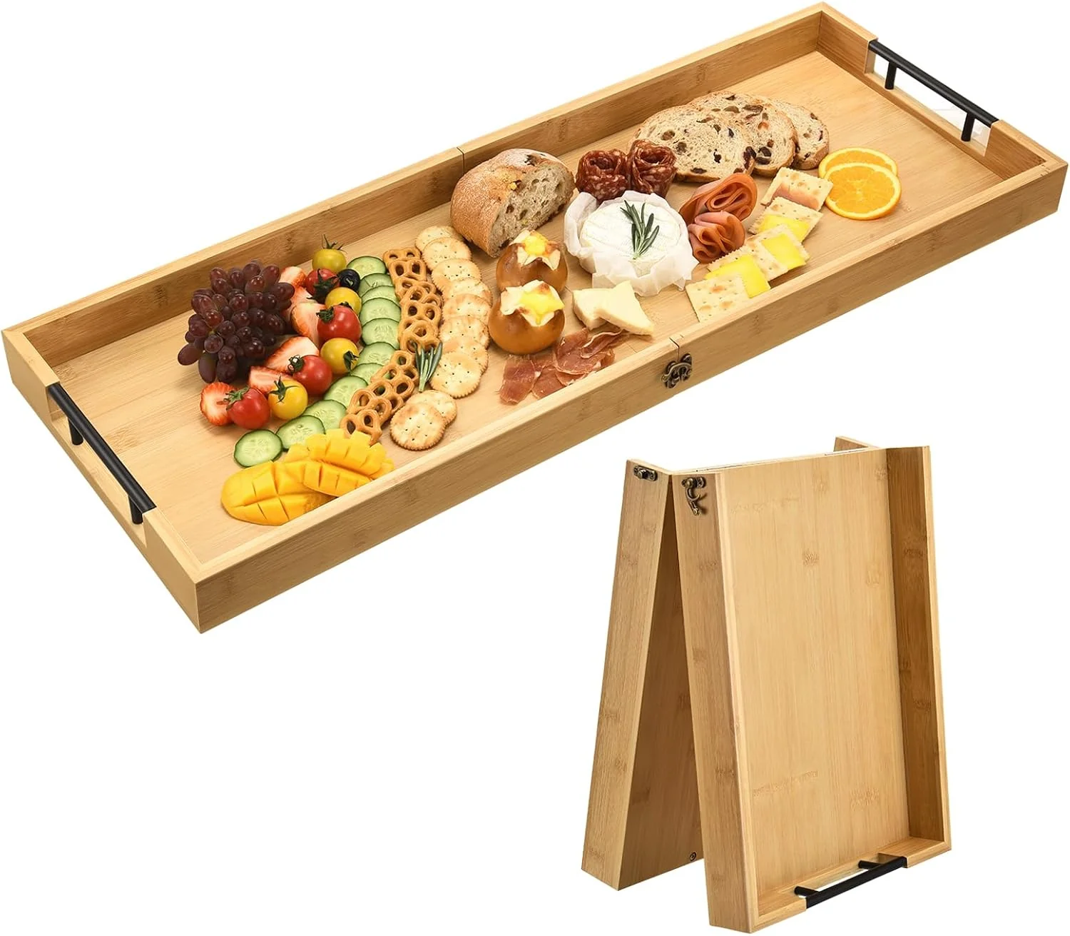 User-Friendly Large Charcuterie Board with Handles 32 x 12 Inch Foldable Bamboo Serving Cheese Boards – Serving Platter for Meat Party Appetizers Outdoor Fruit Crafted