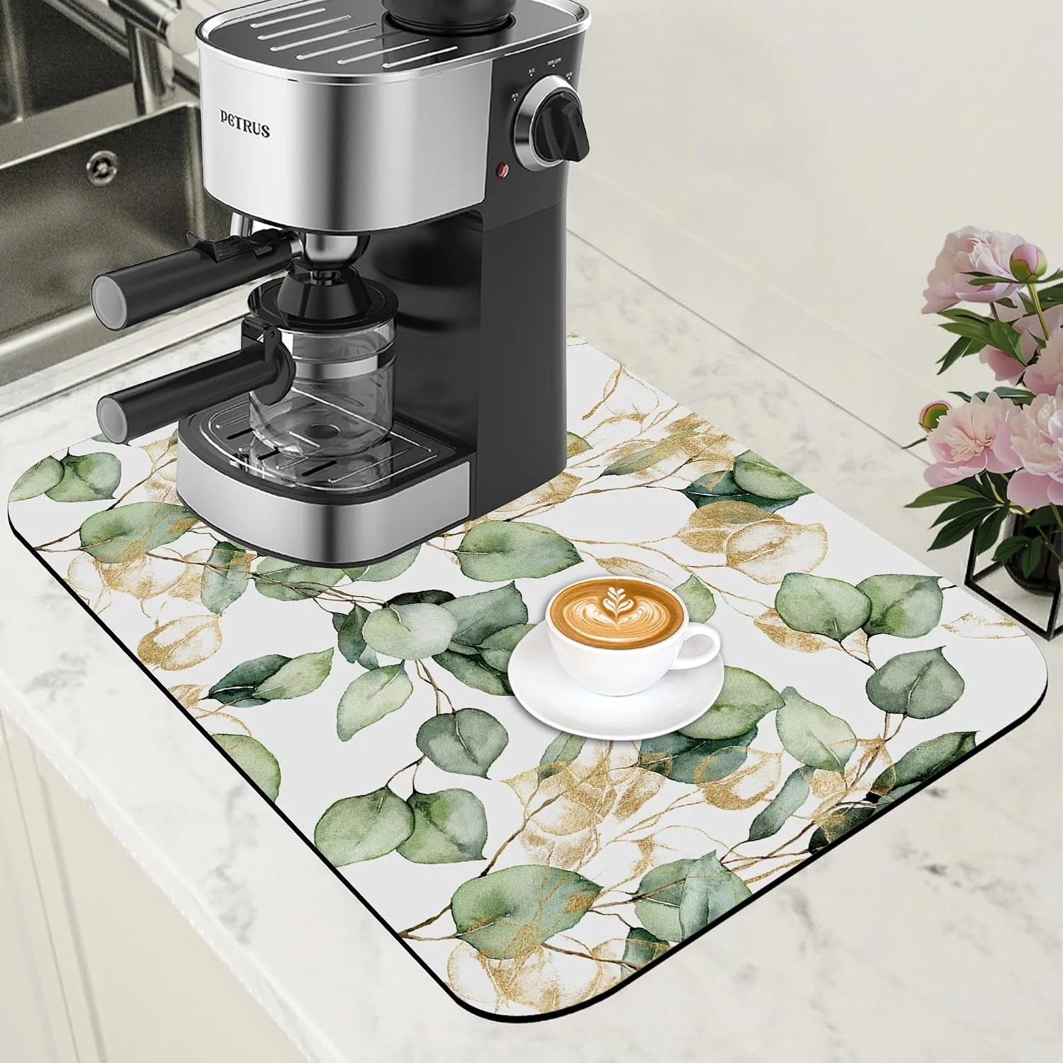 Eco-Friendly Gold and Green Eucalyptus Leaf Dish Drying Mat for Kitchen Counter Coffee Bar Mat Hide Stain Absorbent Rubber Backed Coffee Mat Coffee Maker Espresso Machine Coffee Bar Accessories 11.8 x 19.7 Inch High-Performance