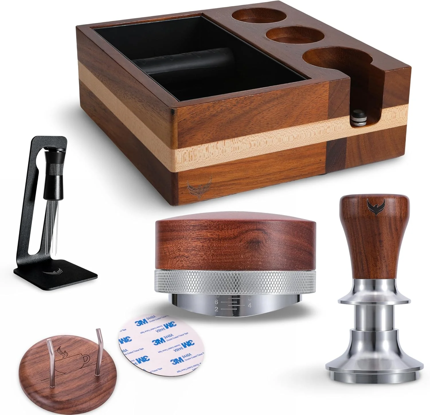 Unique 51mm Espresso Tamper Set Includes Knock Box Coffee Distributor Calibrated Tamper WDT Tool and Portafilter Wall Holder - Premium Espresso Machine Accessories Set Genuine