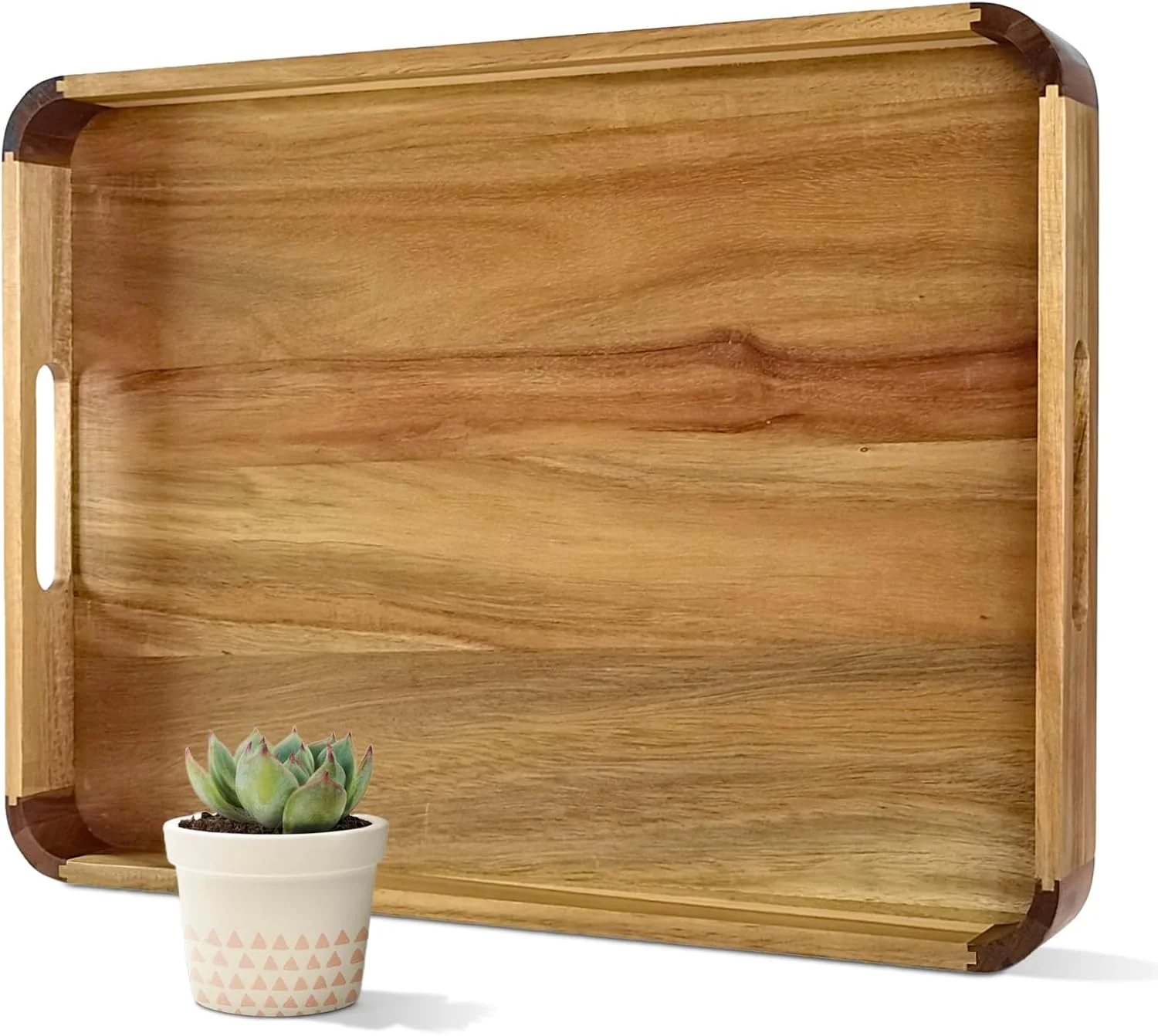 Exceptional 22 Inches Acacia Wood Serving Tray with Handles Large Wooden Rectangle Ottoman Tray Nice Home Decor for Living Room Coffee Table Couch Sustainable