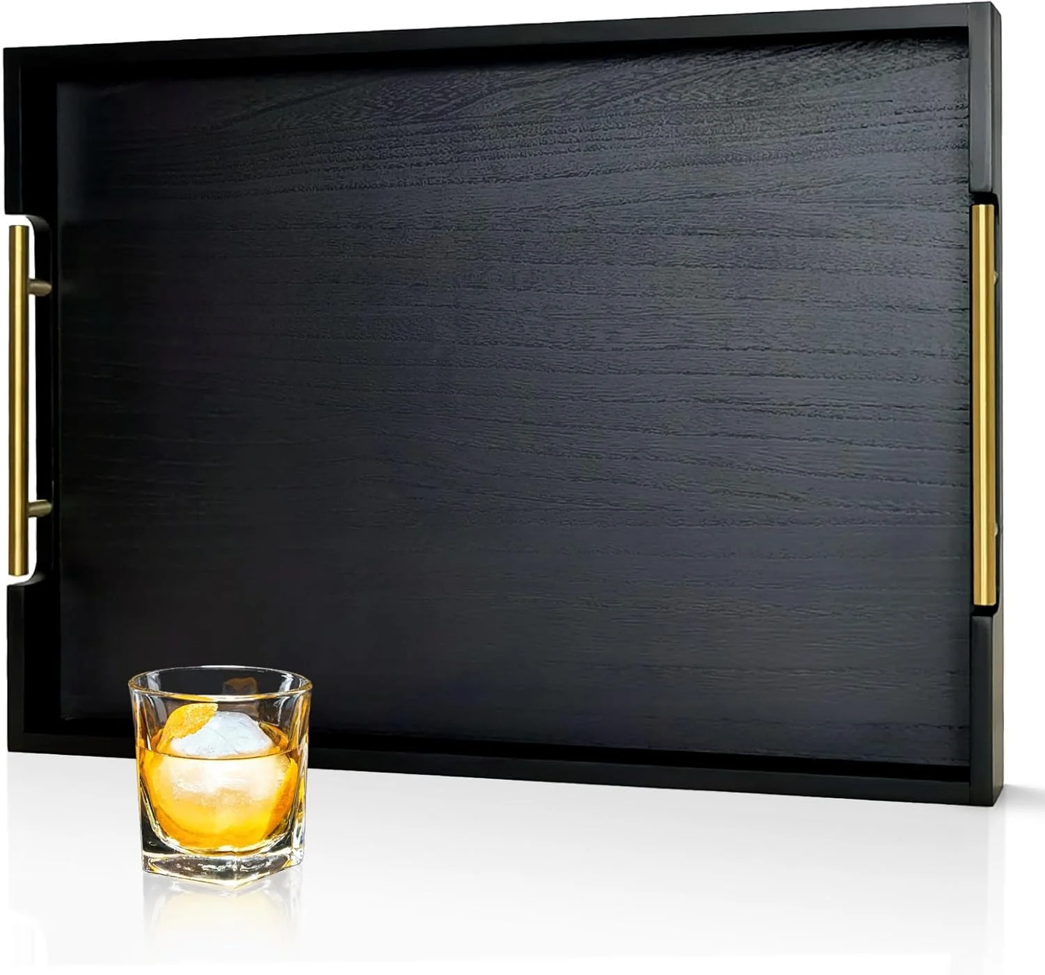 Soft 22 Inch Rectangle Black Ottoman Tray with Gold Metal Handles Extra Large Wooden Serving Tray for Living Room Coffee Table Kitchen Hosting Innovative